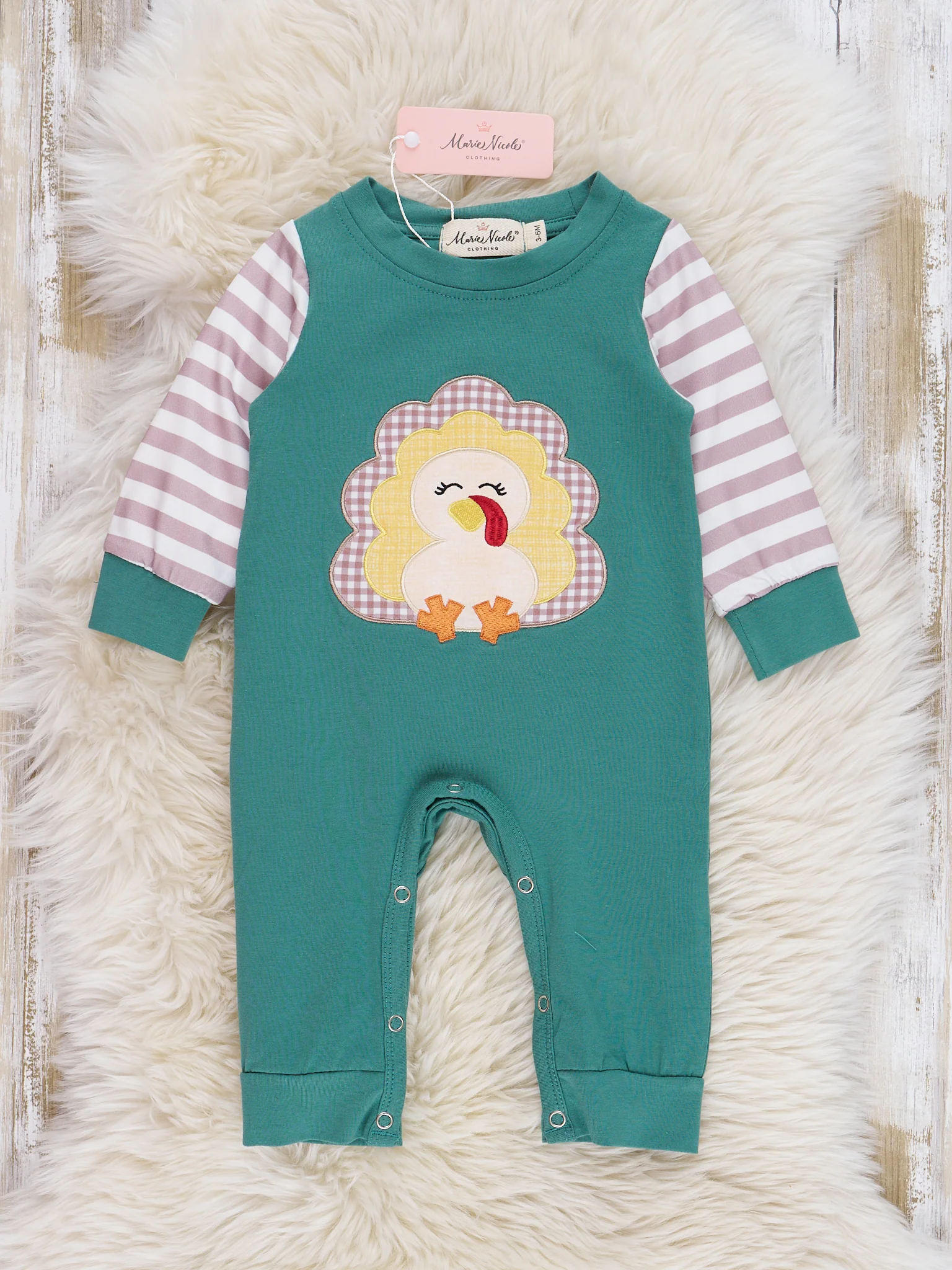 Deep Emerald Embroidered Turkey Raglan Romper