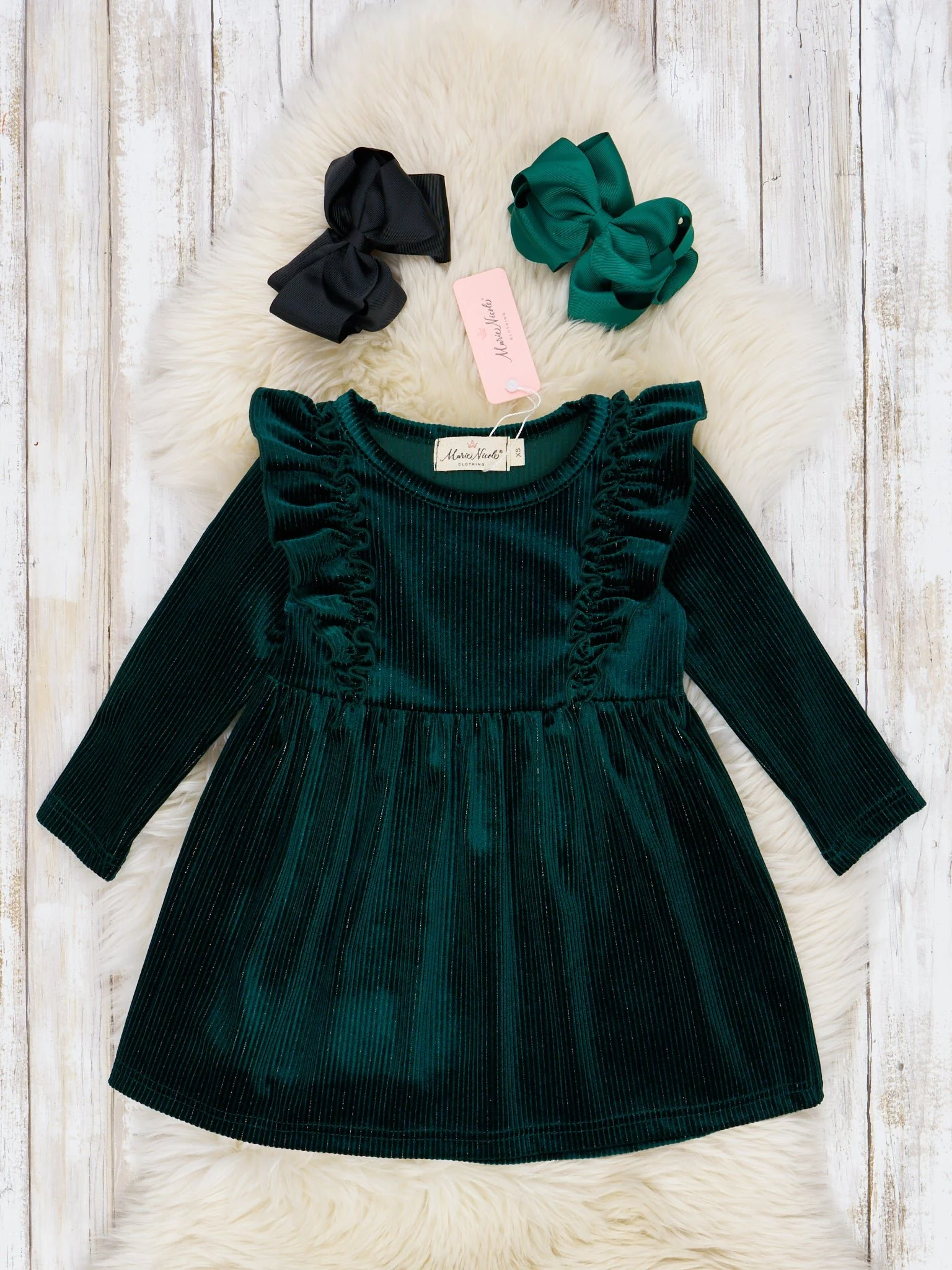 Deep Green Velvet Ruffle Dress