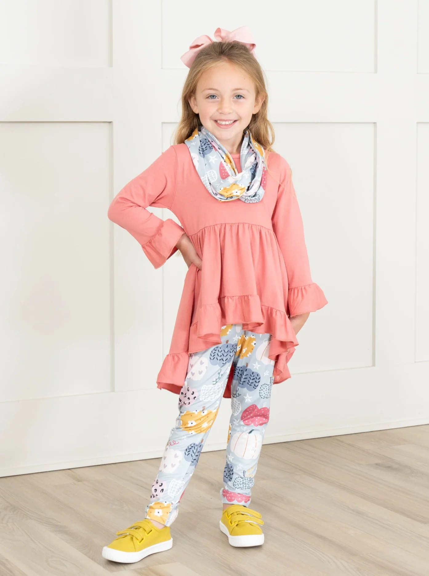 Deep Rose Doodle Pumpkin Ruffle Scarf Outfit