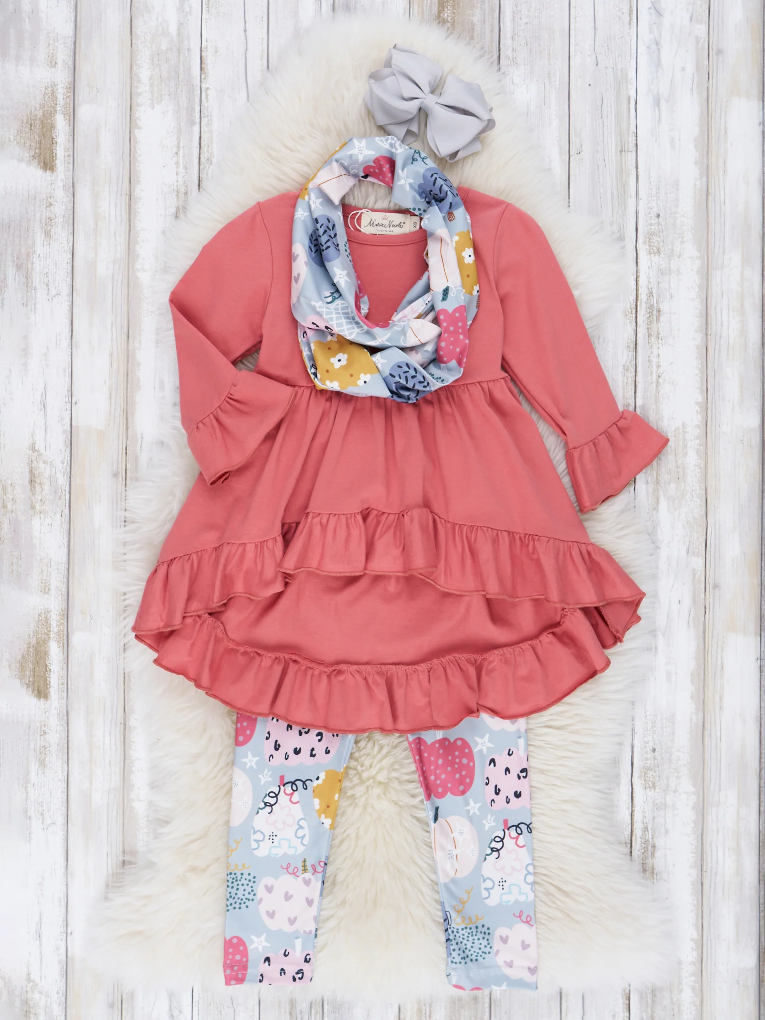 Deep Rose Doodle Pumpkin Ruffle Scarf Outfit - Image 3