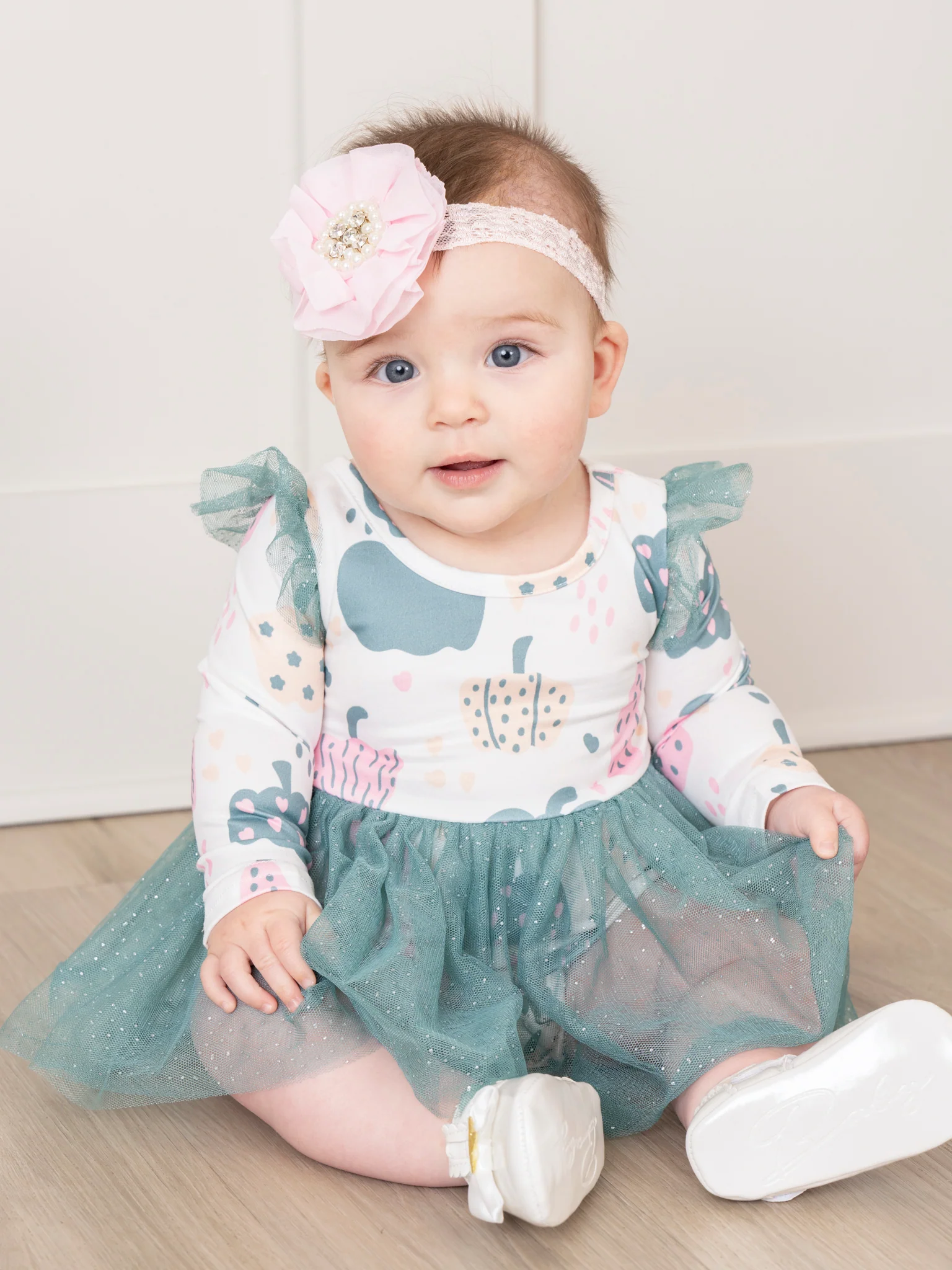 Deep Teal Doodle Pumpkins Tulle Bubble Romper