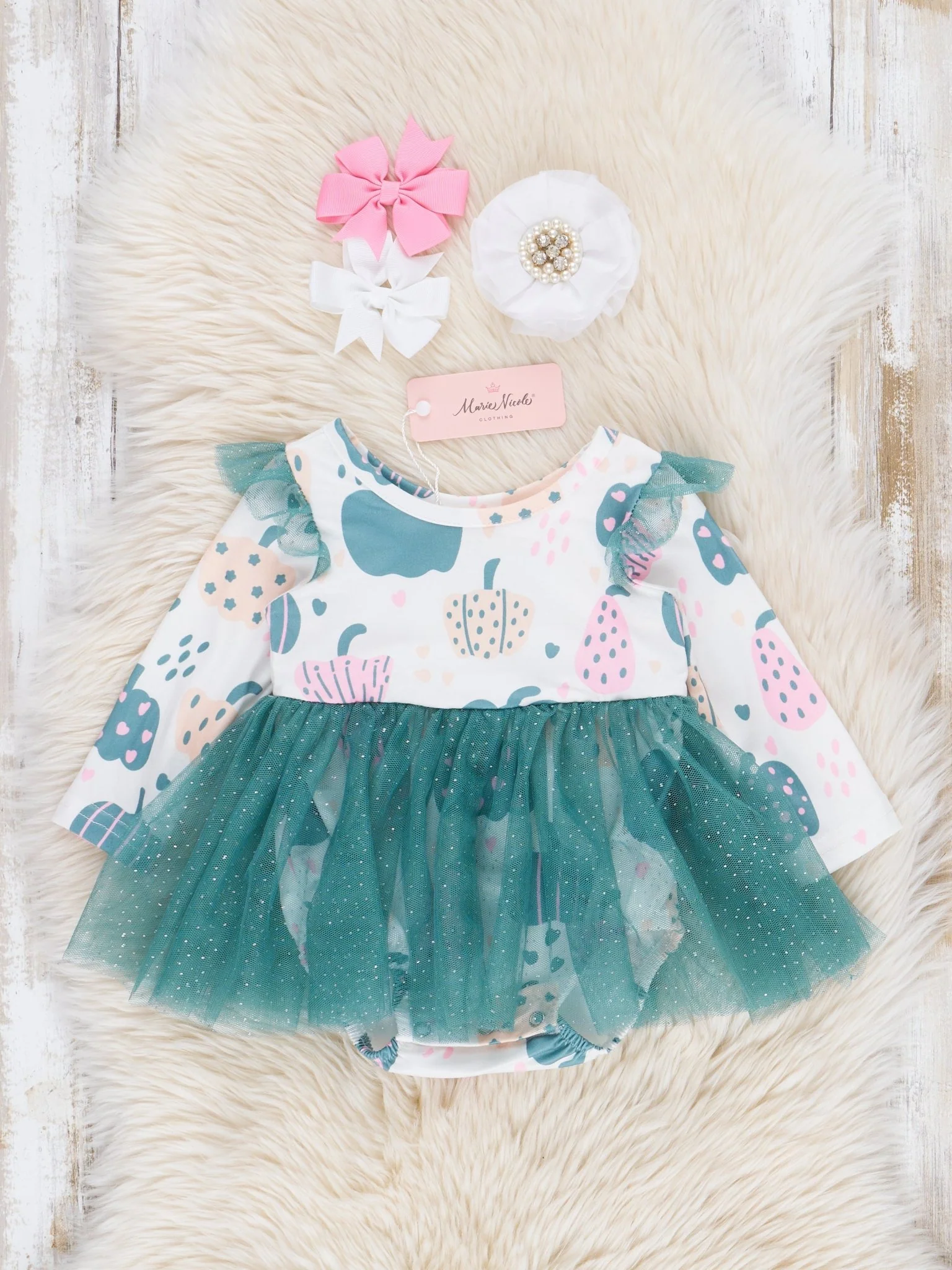 Deep Teal Doodle Pumpkins Tulle Bubble Romper - Image 2