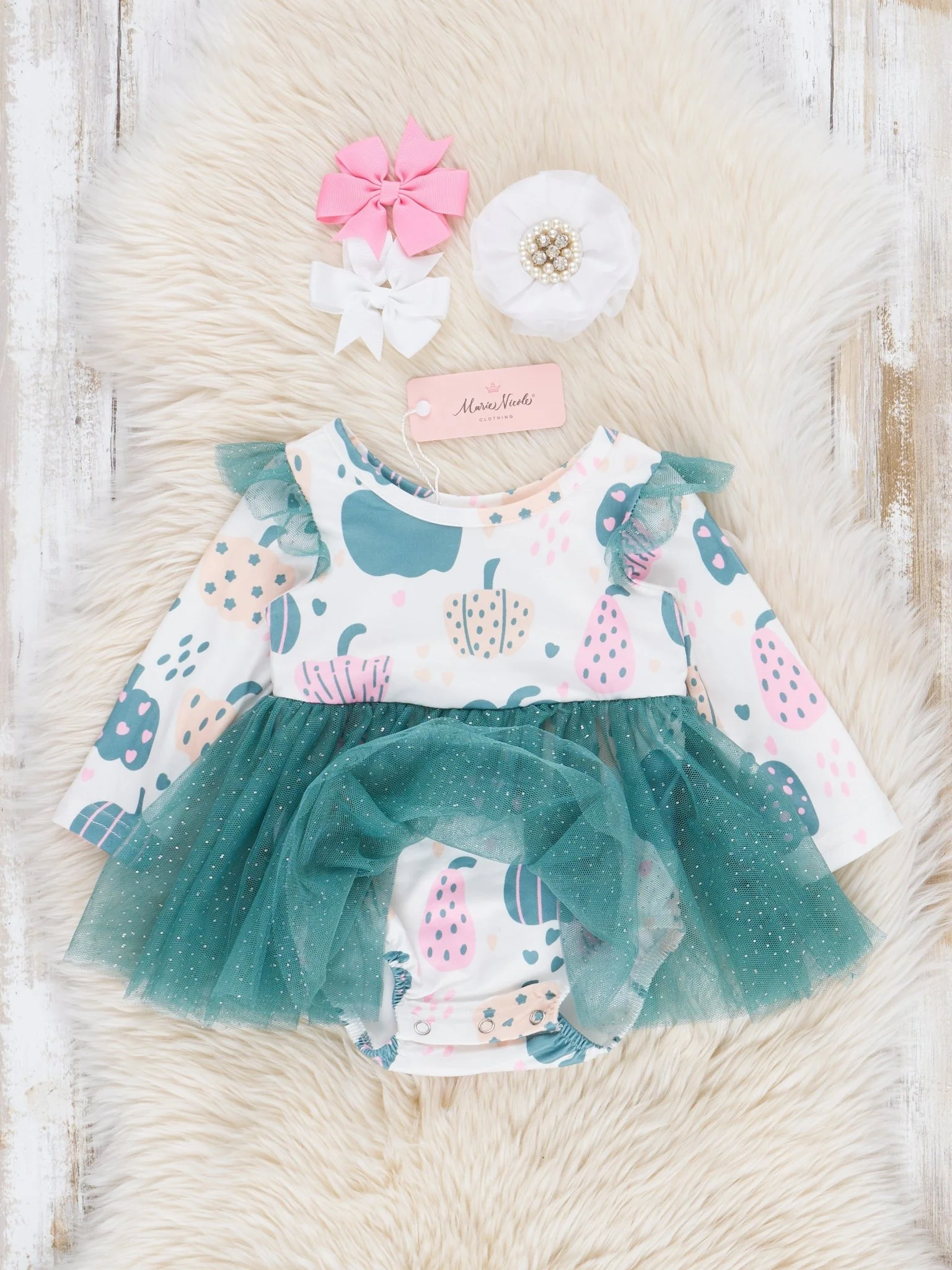 Deep Teal Doodle Pumpkins Tulle Bubble Romper - Image 3