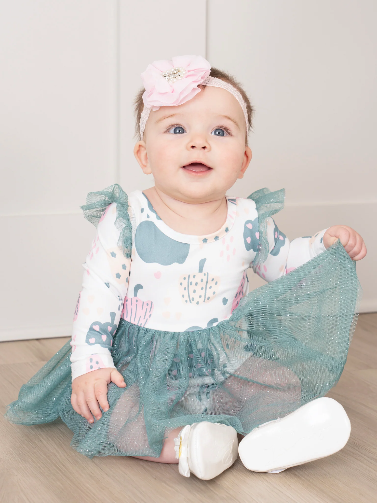Deep Teal Doodle Pumpkins Tulle Bubble Romper - Image 4