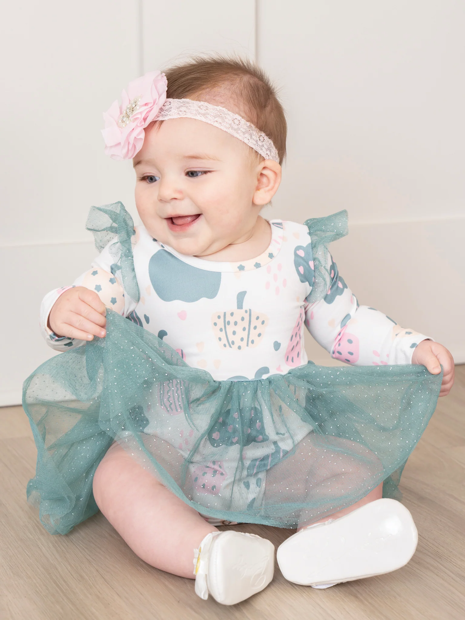 Deep Teal Doodle Pumpkins Tulle Bubble Romper - Image 5