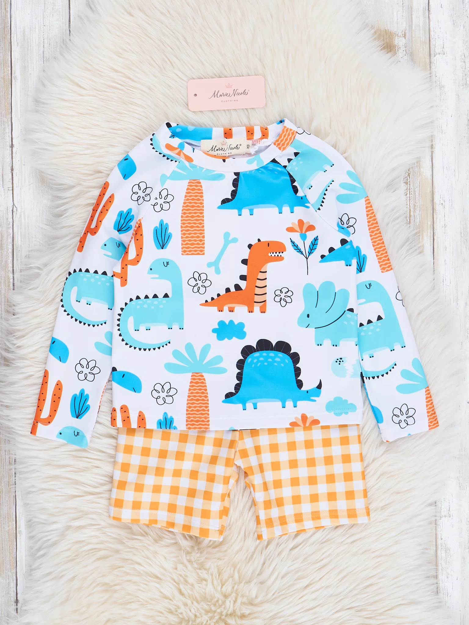 Dinos & Orange Gingham Swim Set
