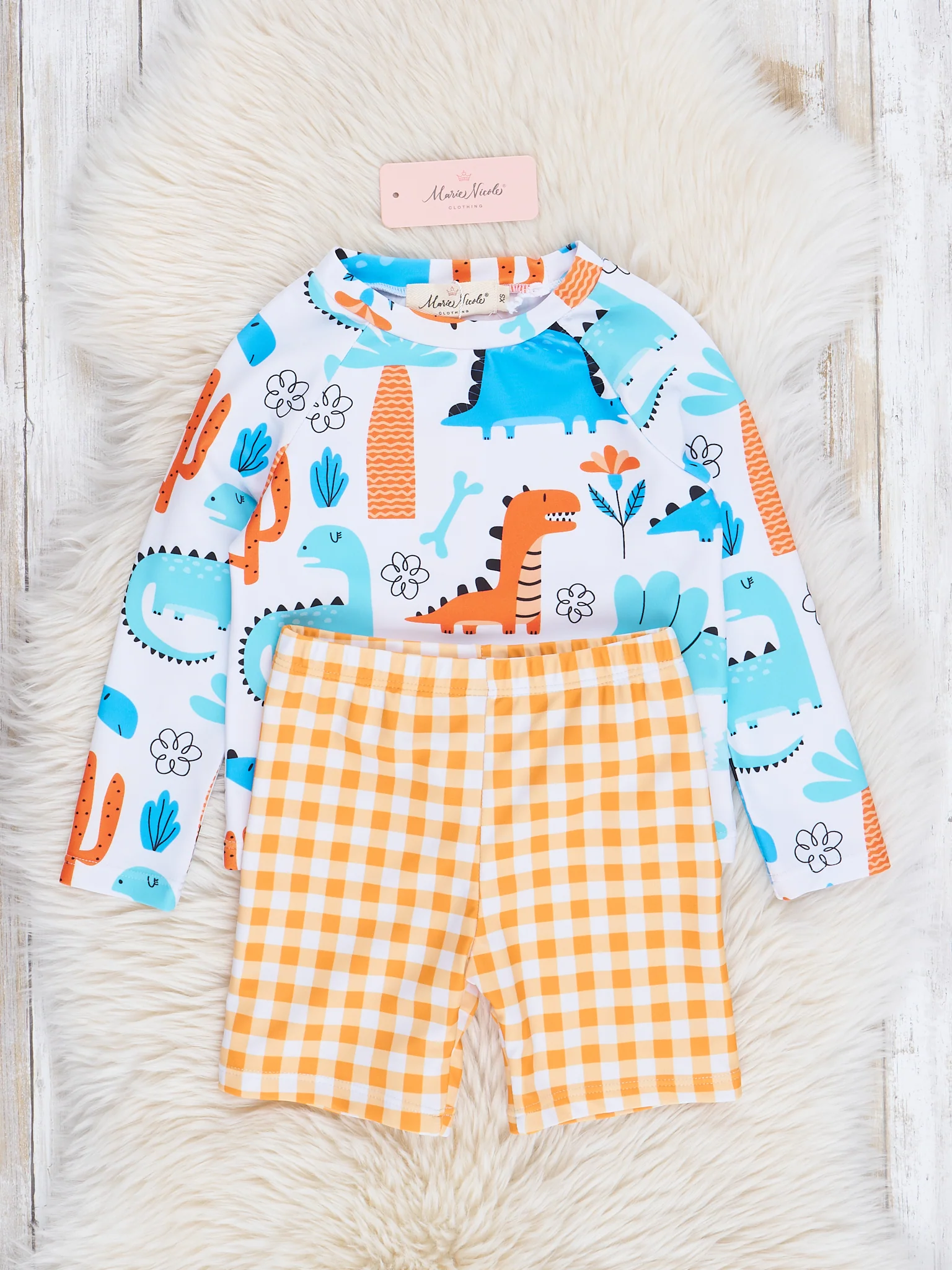 Dinos & Orange Gingham Swim Set - Image 2