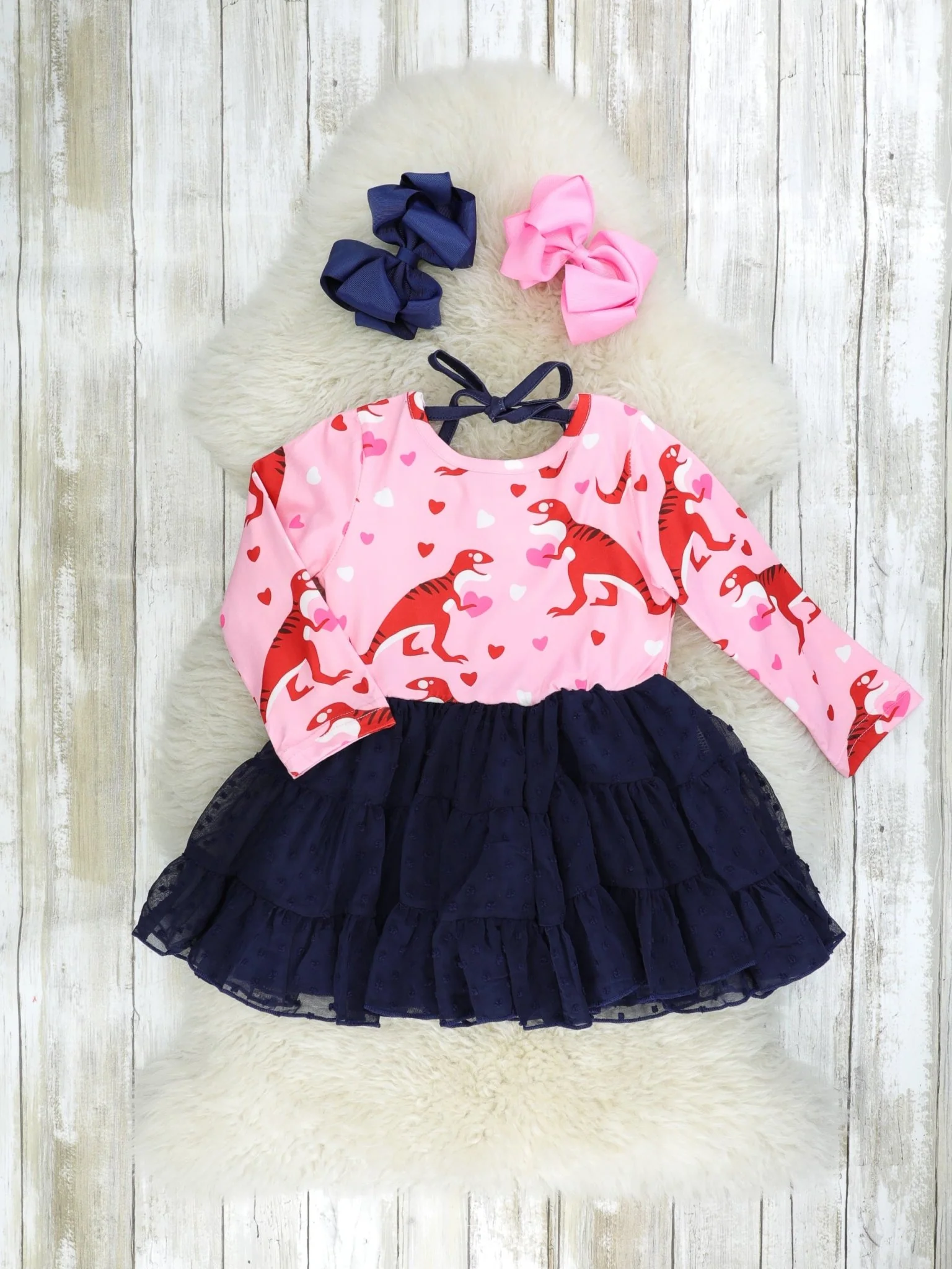 Dinosaur Love Swiss Dot Tie Dress - Image 3