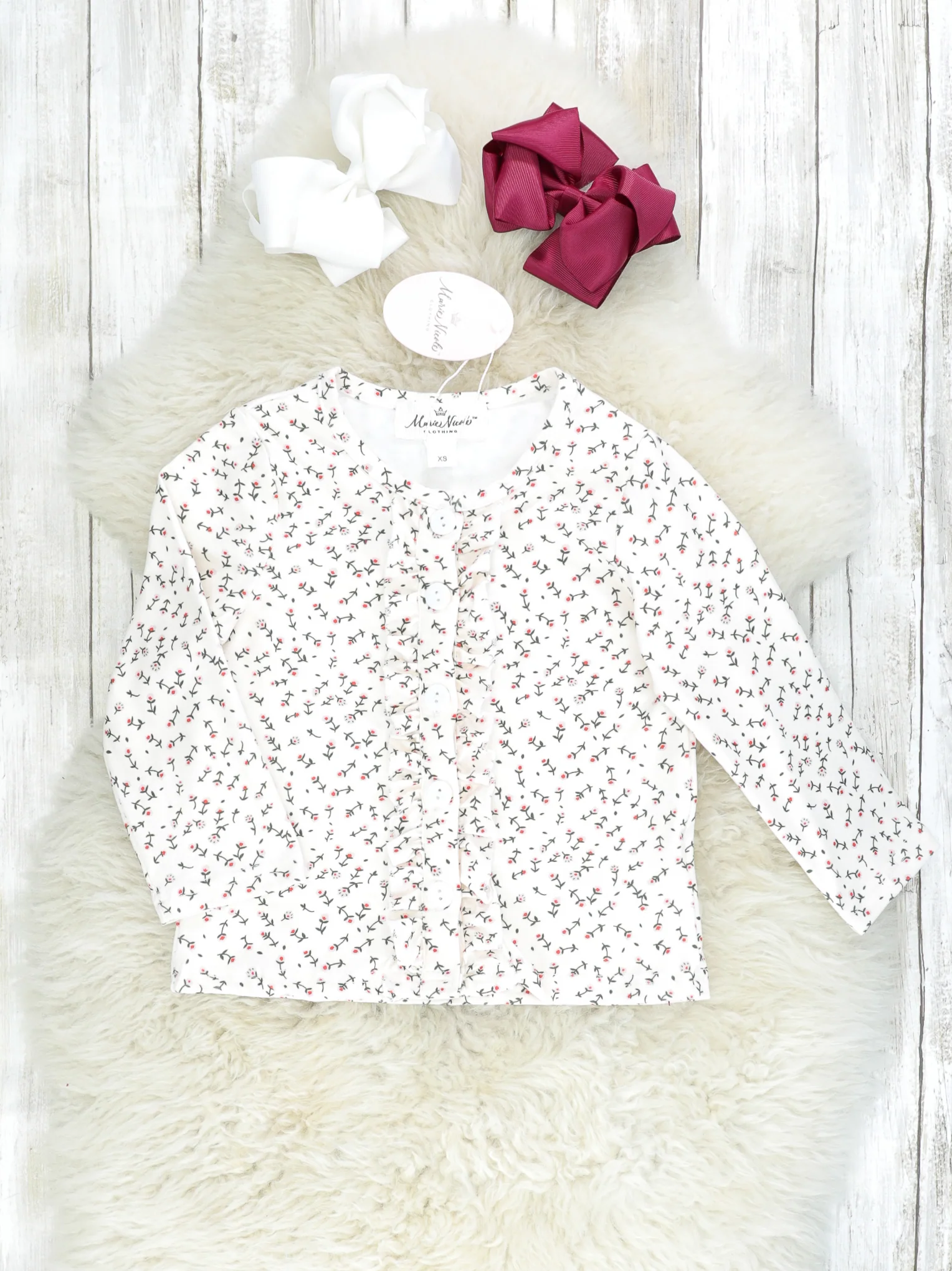 Ditsy Floral Button Top & Mulberry Overall Dress Outfit - Image 3