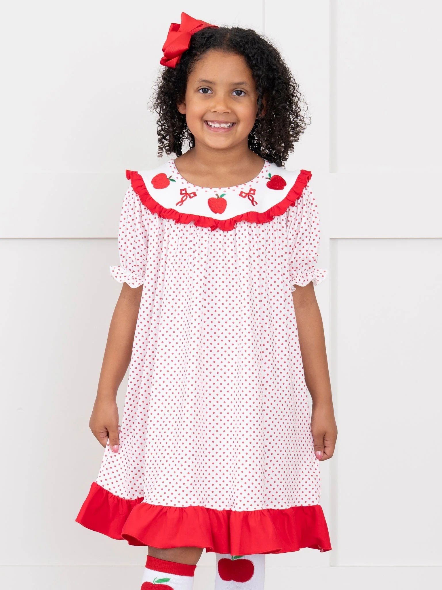 Dots Smocked Apples Bows Ruffle Dress