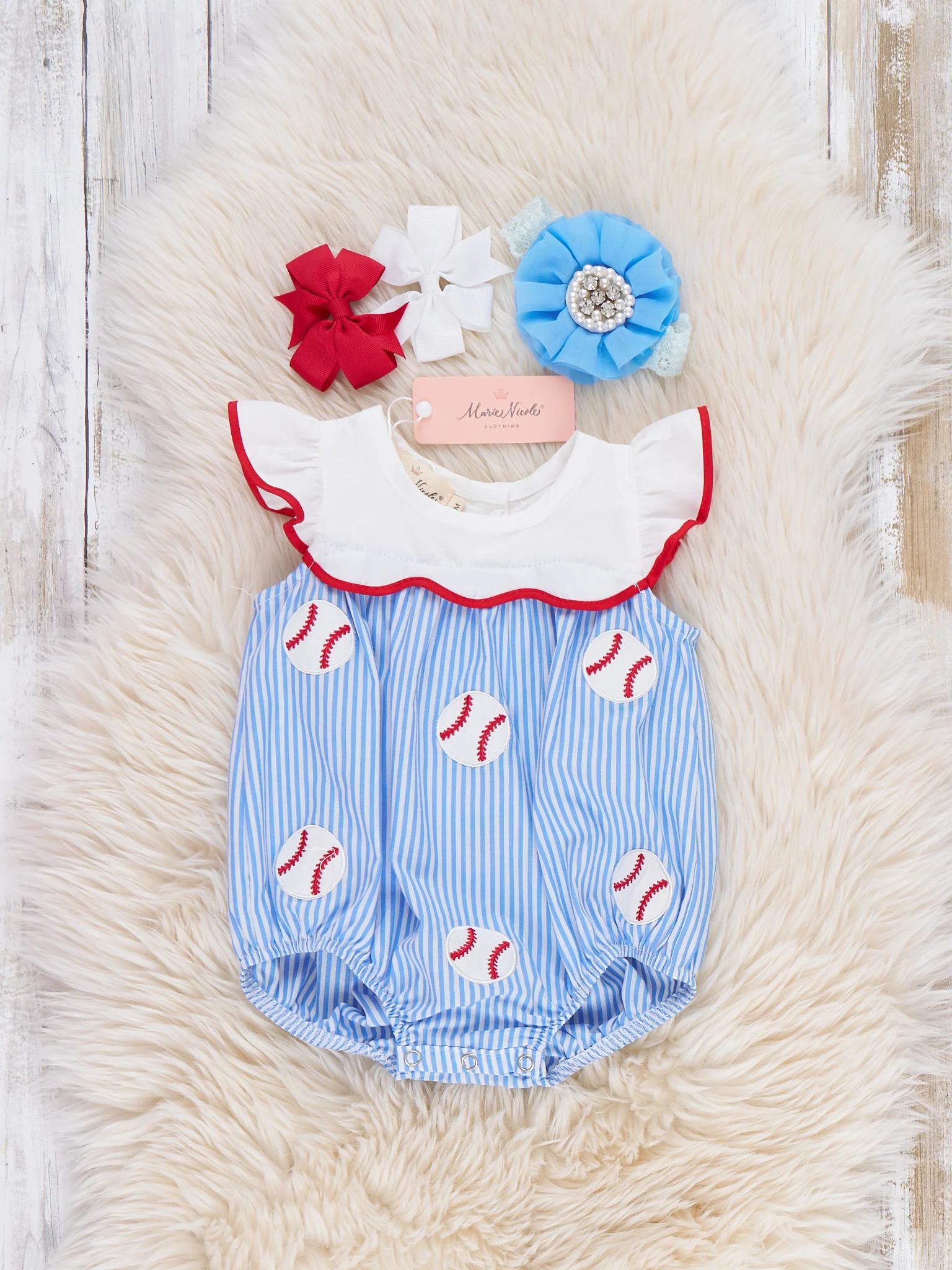 Dugout Ball Striped Embroidered 100% Cotton Ruffle Bubble Romper