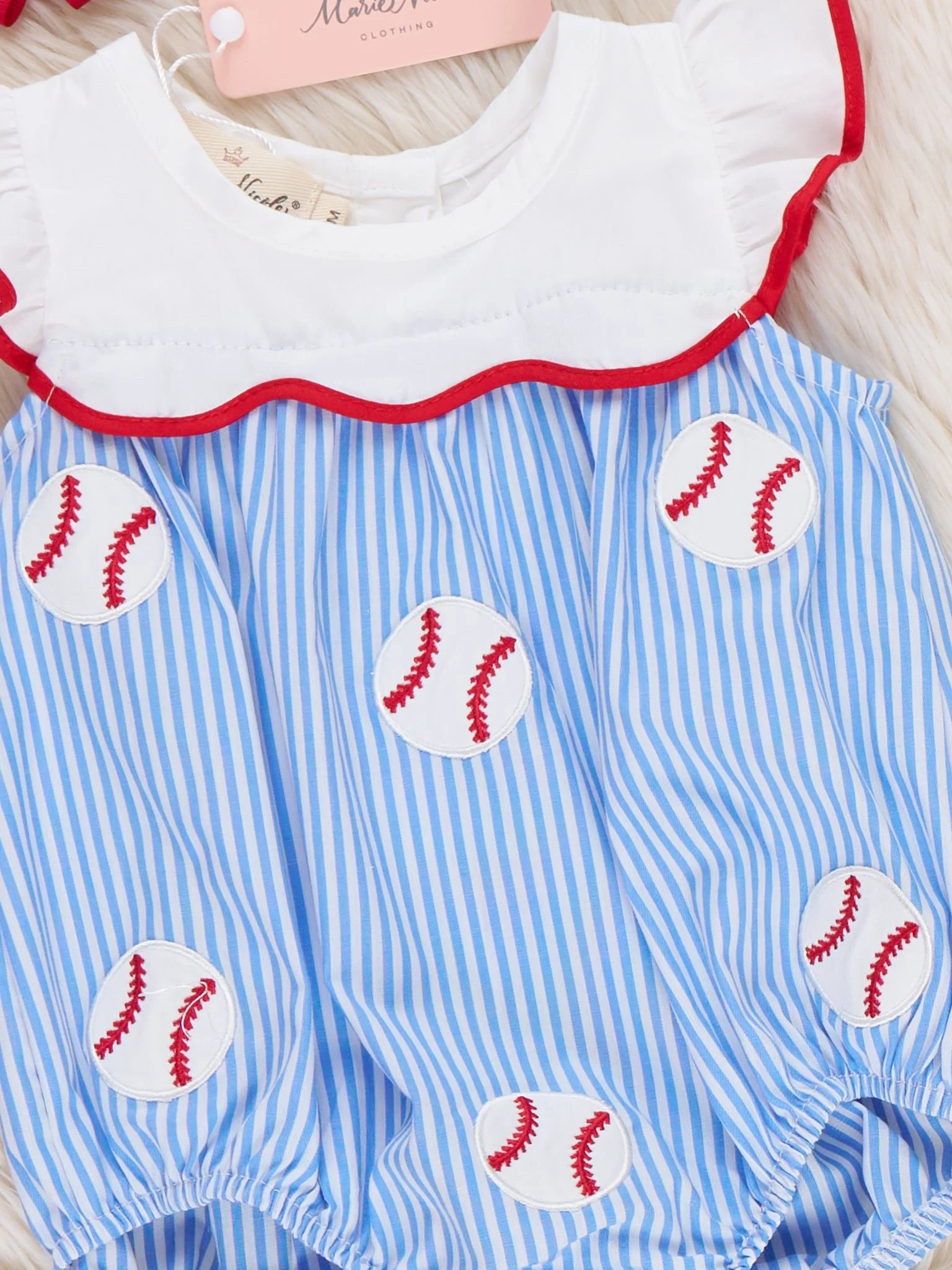 Dugout Ball Striped Embroidered 100% Cotton Ruffle Bubble Romper - Image 2