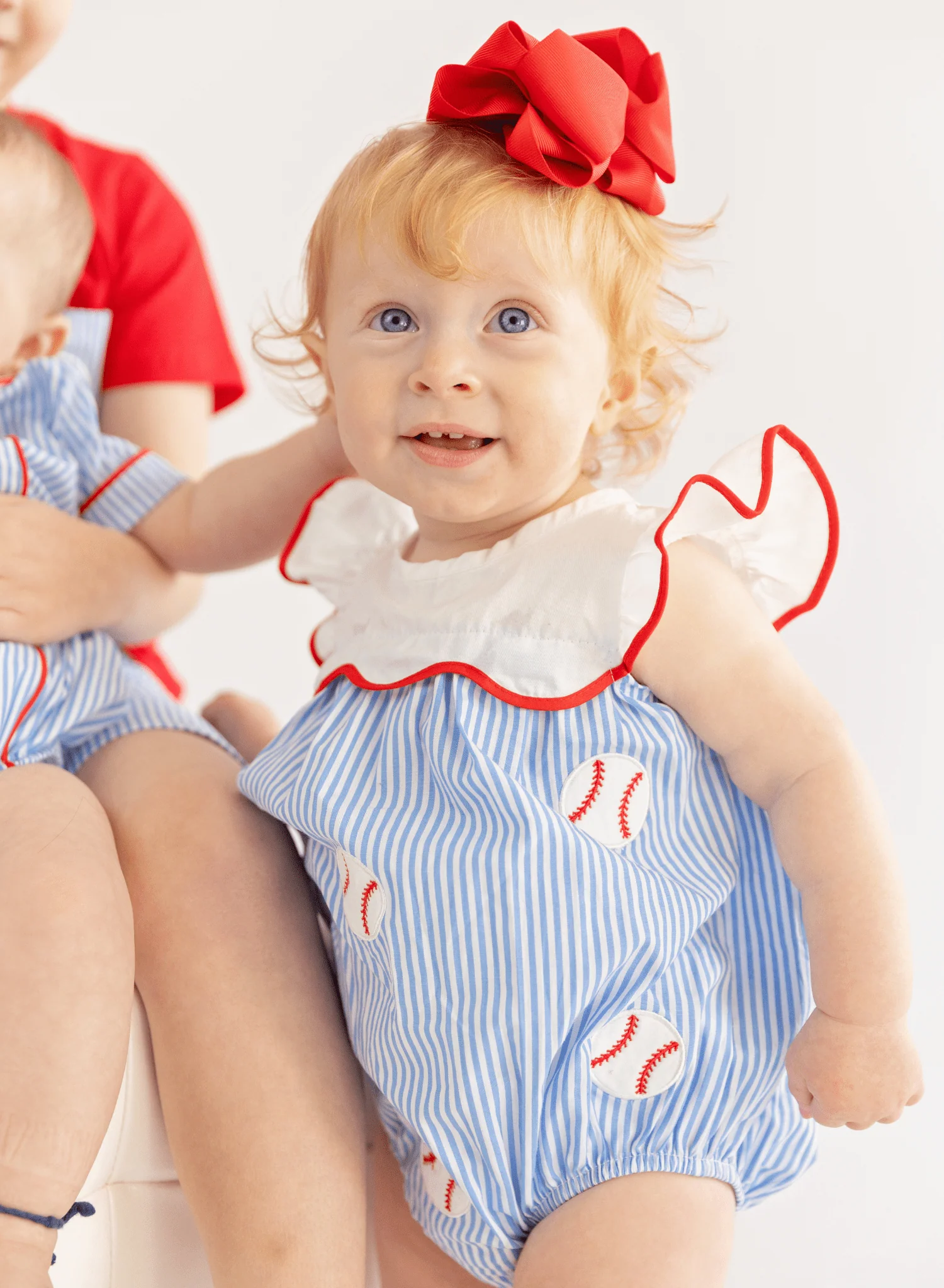 Dugout Ball Striped Embroidered 100% Cotton Ruffle Bubble Romper - Image 4