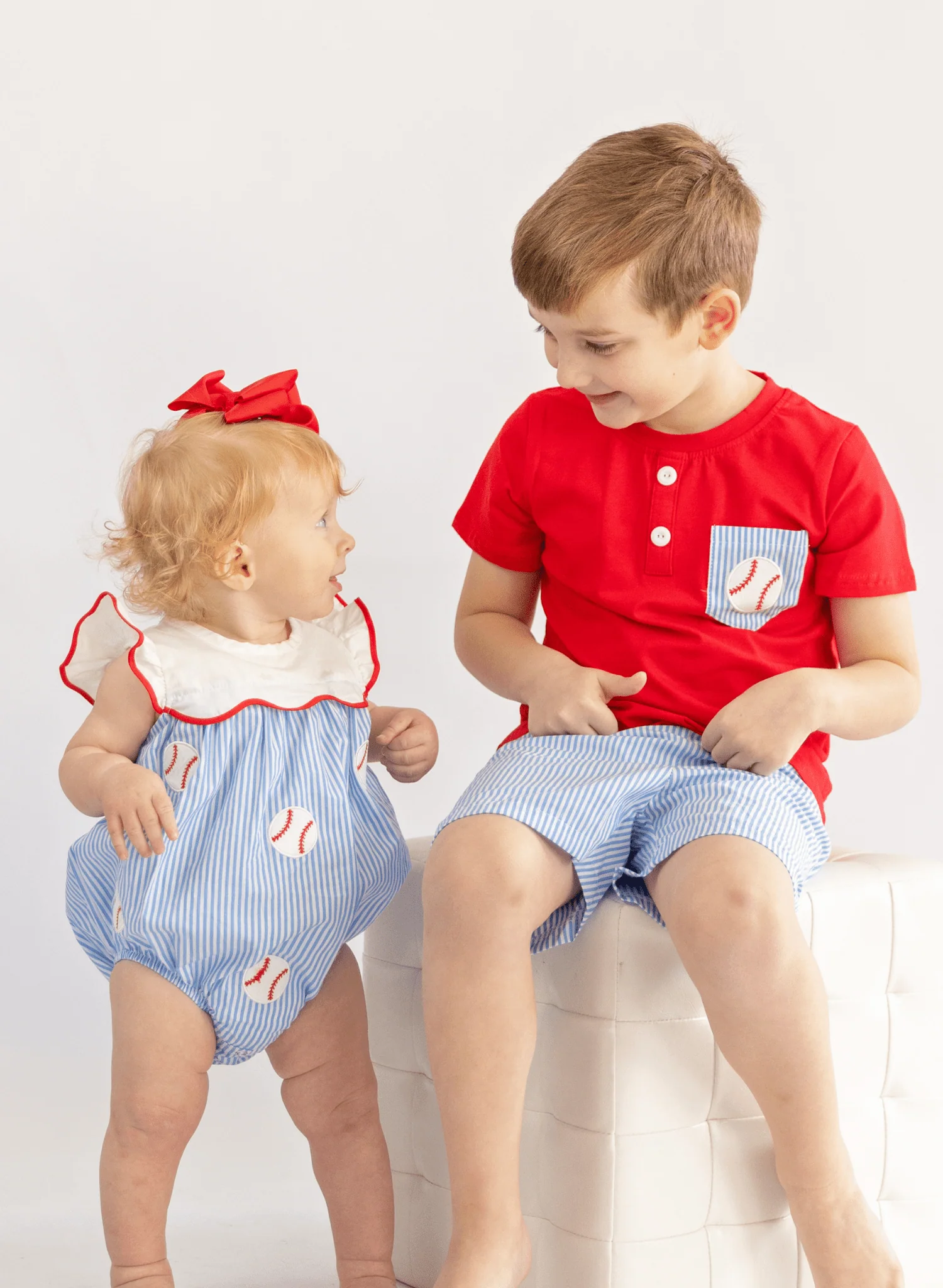 Dugout Ball Striped Embroidered 100% Cotton Ruffle Bubble Romper - Image 5