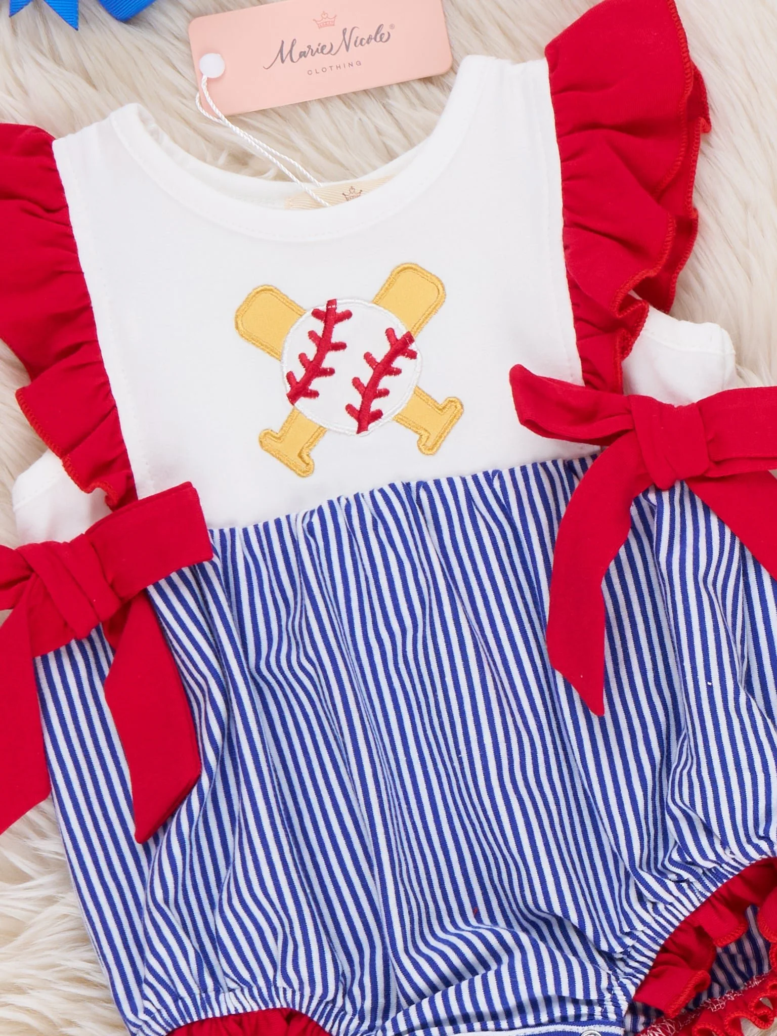Dugout Cutie Baseball Embroidered Cotton Bubble Romper - Image 2
