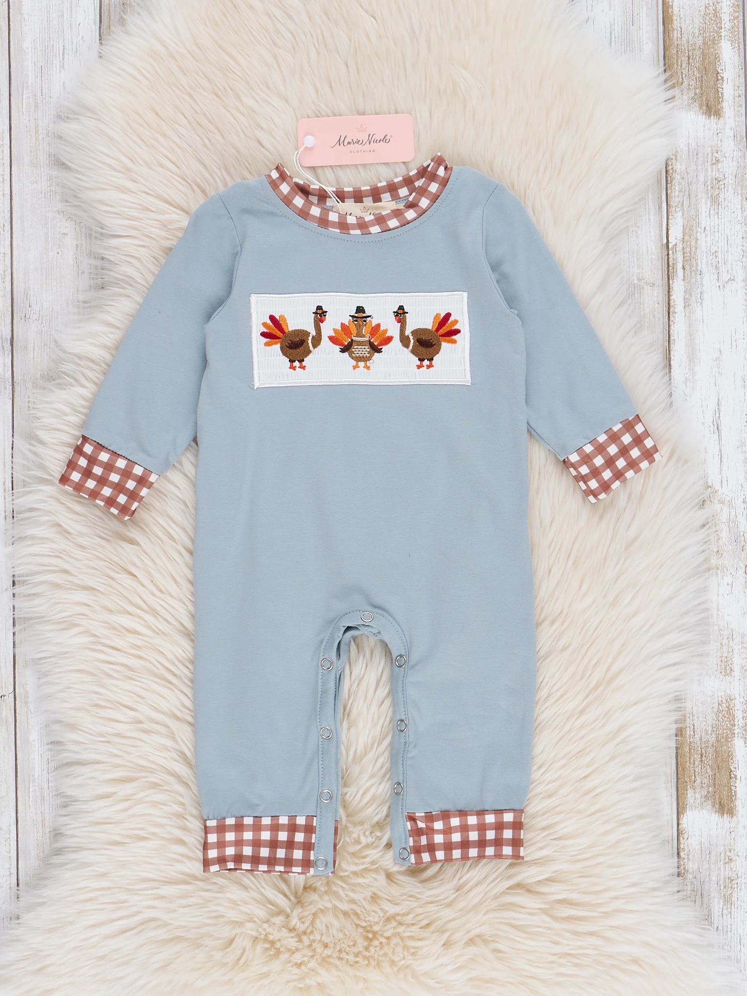 Dusty Blue & Brown Gingham Smocked Turkeys Romper