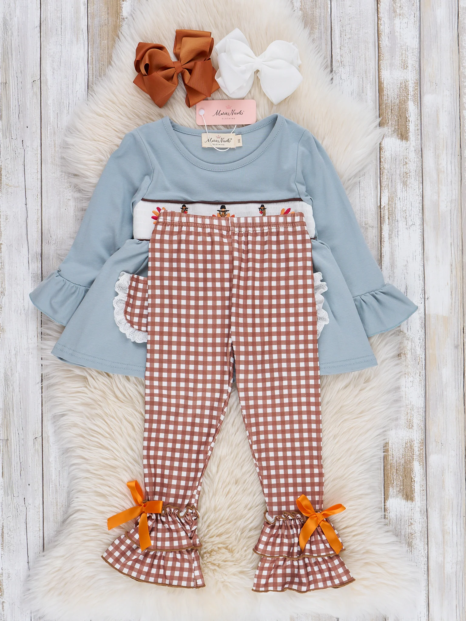 Dusty Blue & Brown Gingham Smocked Turkeys Ruffle Outfit - Image 3