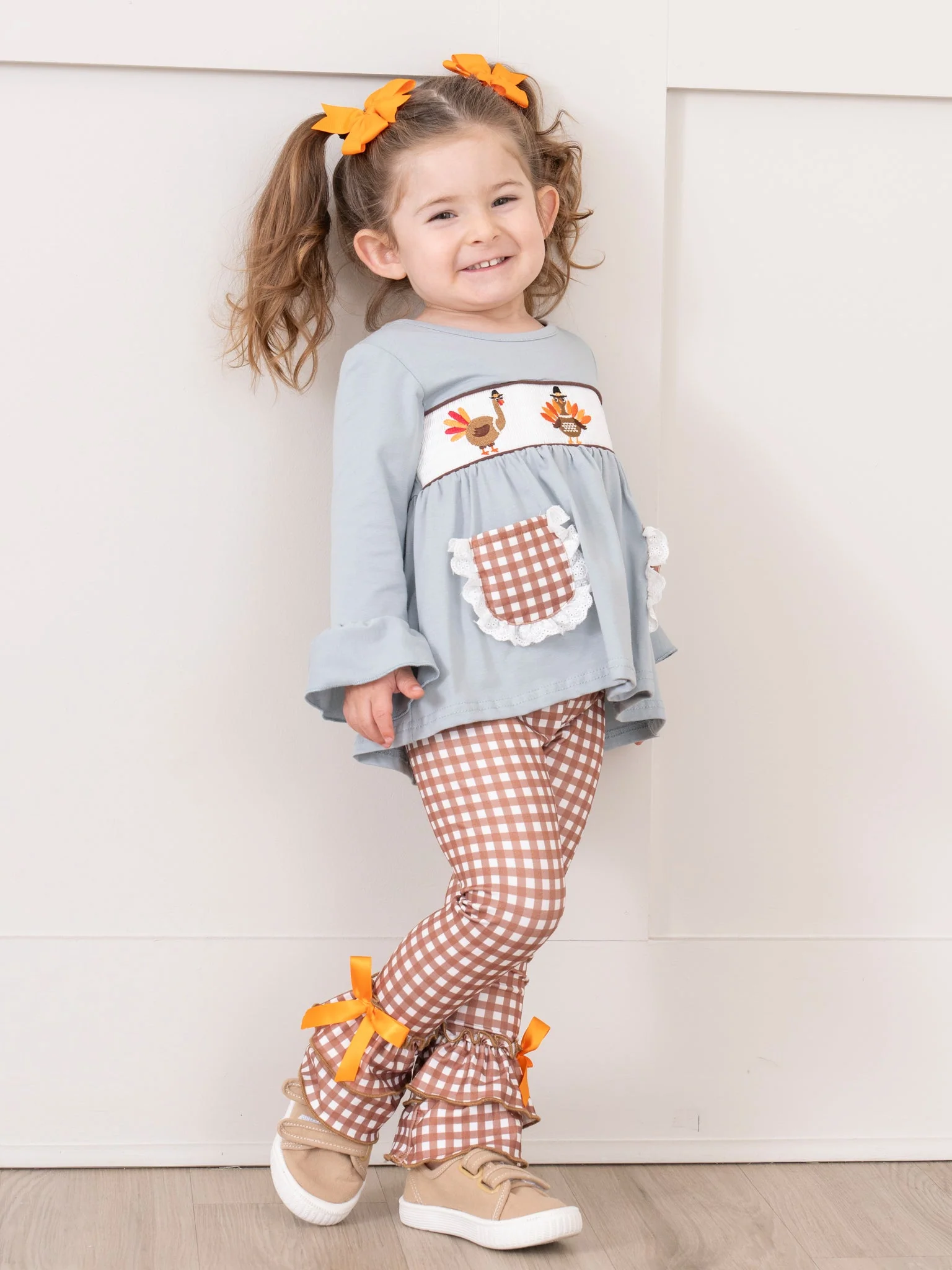 Dusty Blue & Brown Gingham Smocked Turkeys Ruffle Outfit - Image 4