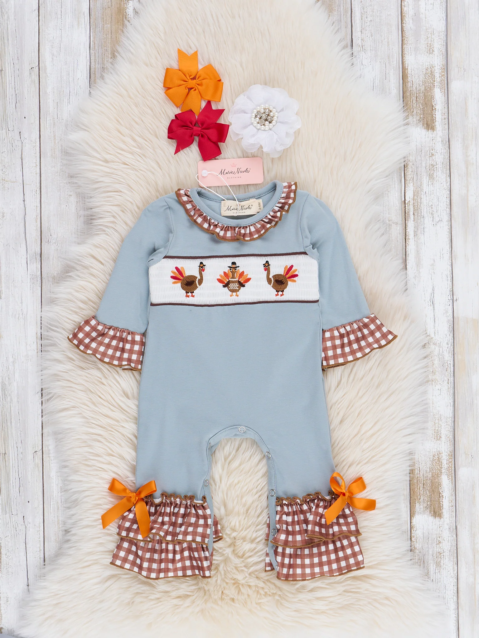 Dusty Blue & Brown Gingham Smocked Turkeys Ruffle Romper