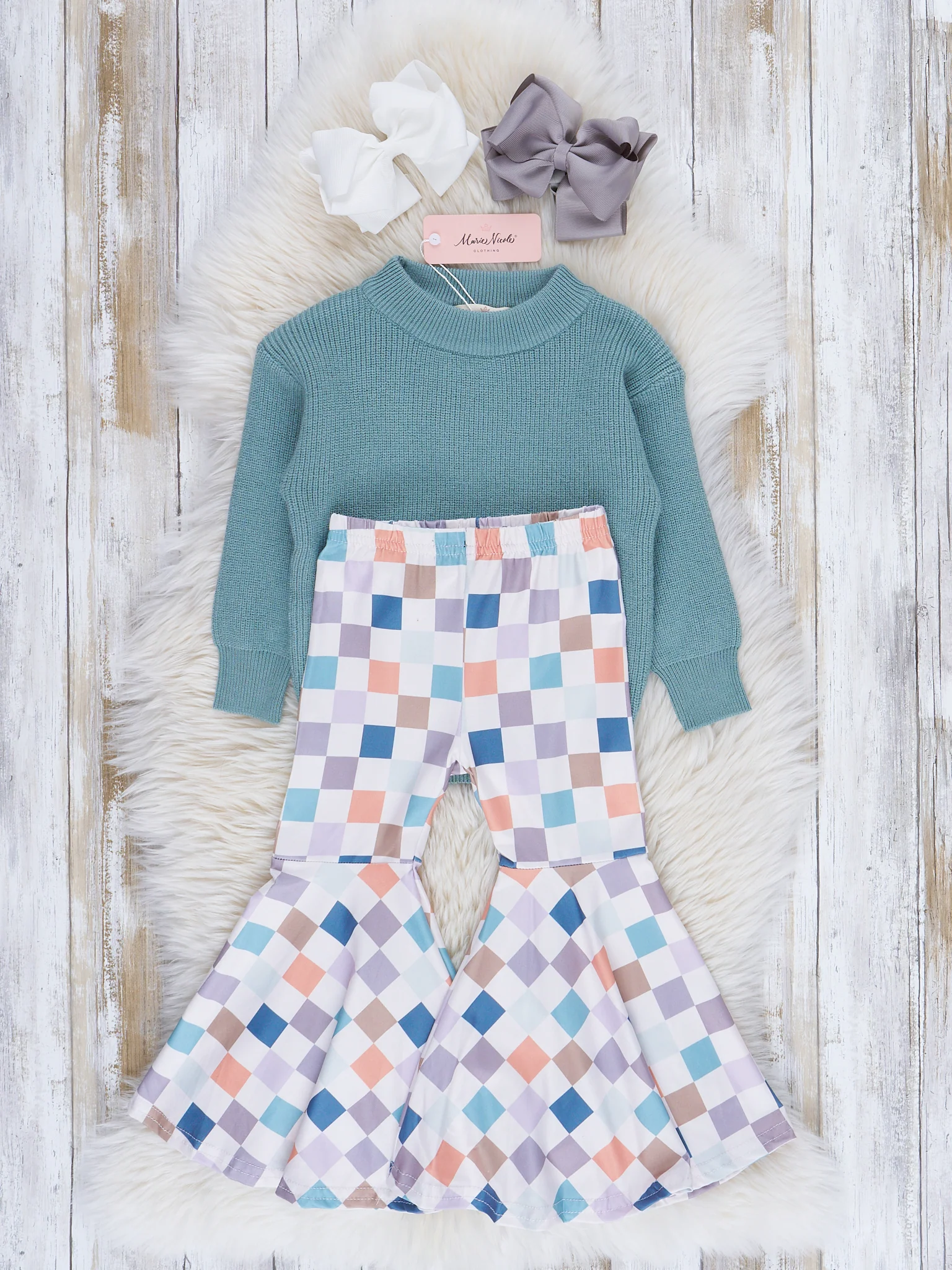 Dusty Teal & Orange Cream Checkers Bell Bottom Outfit - Image 3