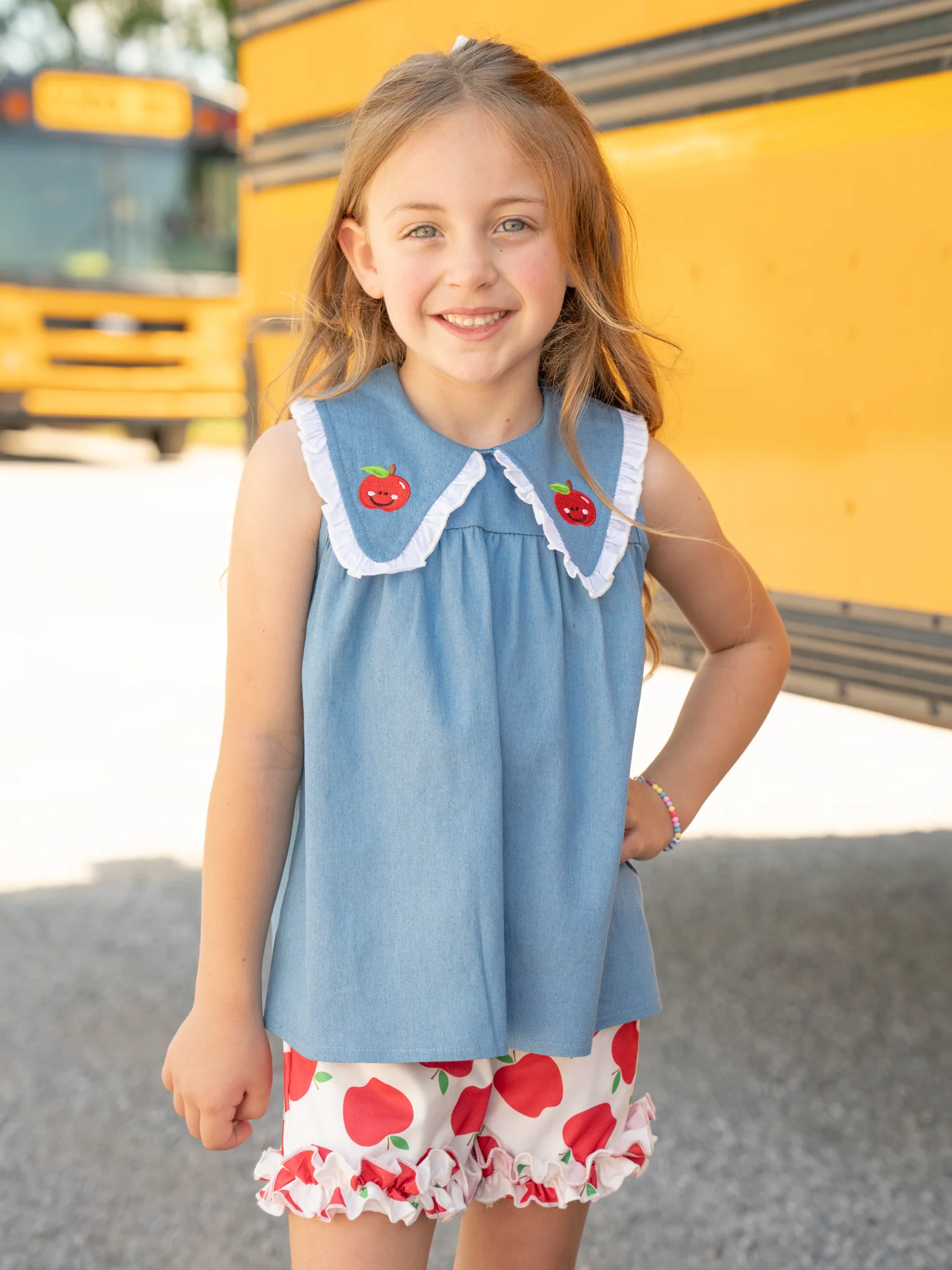 Embroidered Apples Chambray Ruffle Outfit