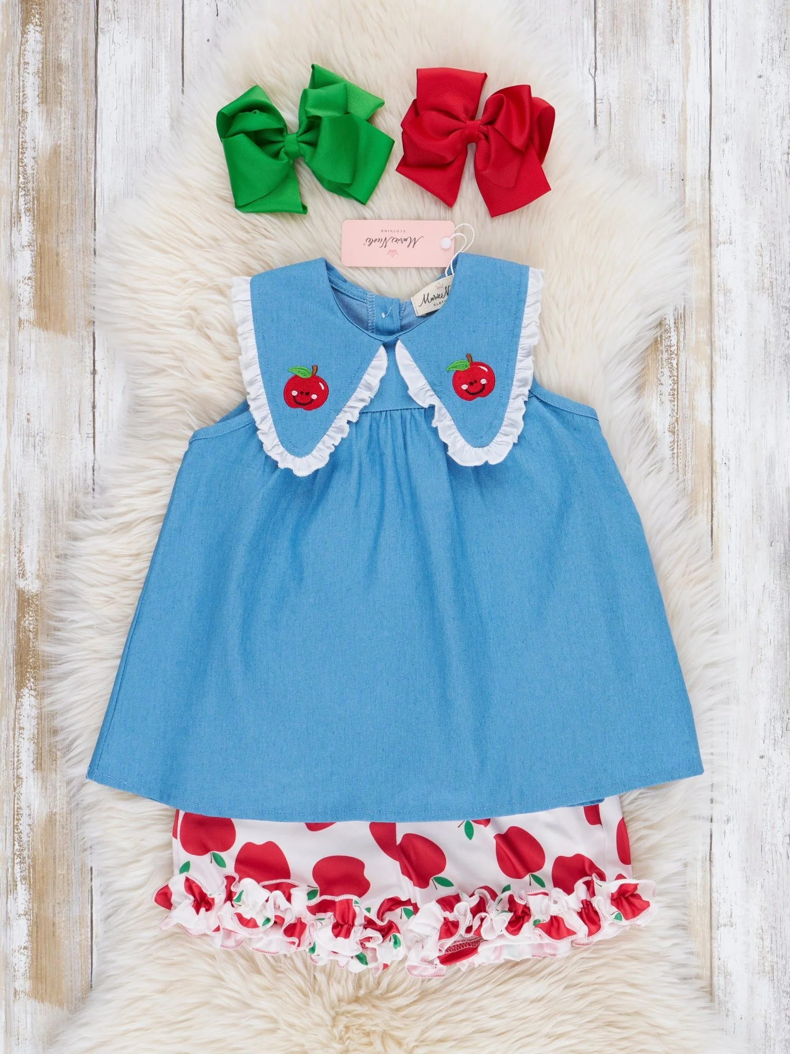 Embroidered Apples Chambray Ruffle Outfit - Image 2
