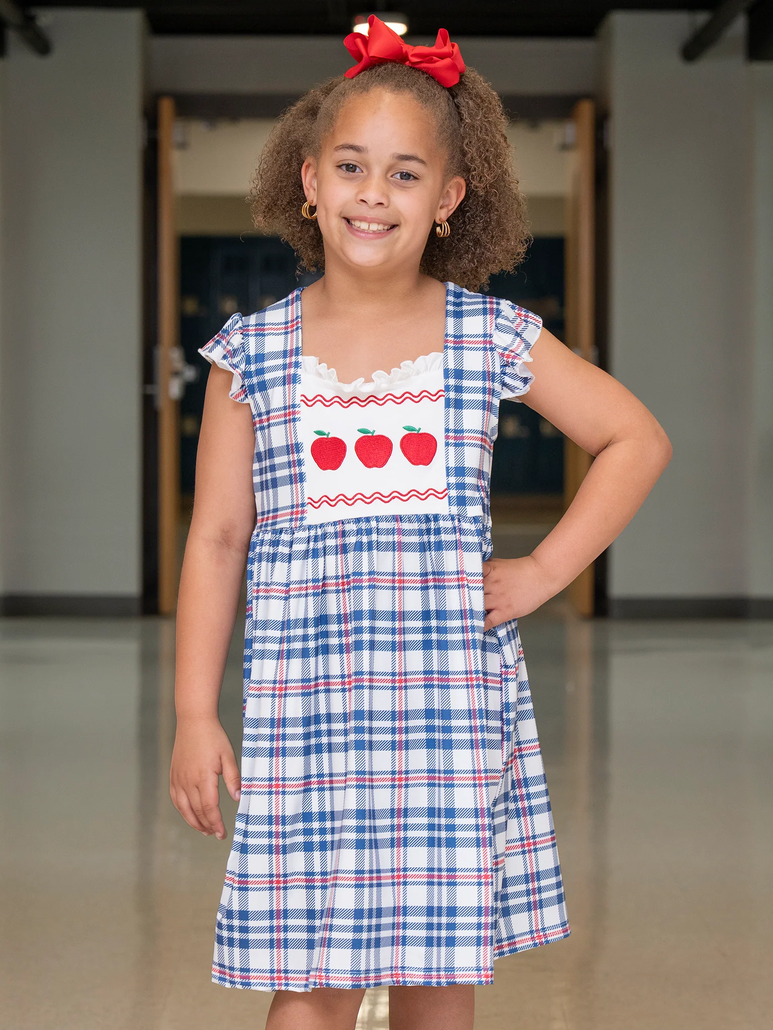 Embroidered Apples School Plaid Ruffle Dress