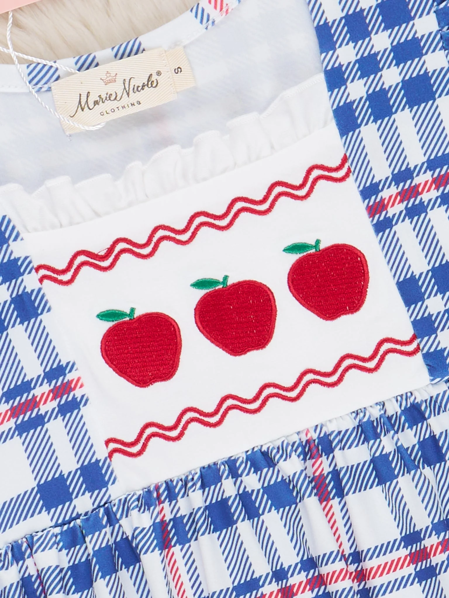 Embroidered Apples School Plaid Ruffle Dress - Image 3