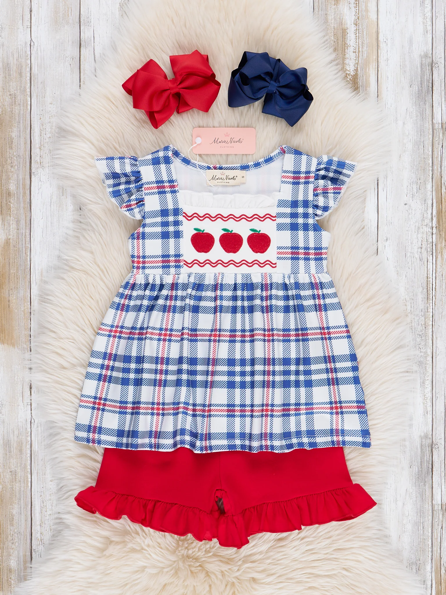 Embroidered Apples School Plaid Ruffle Outfit