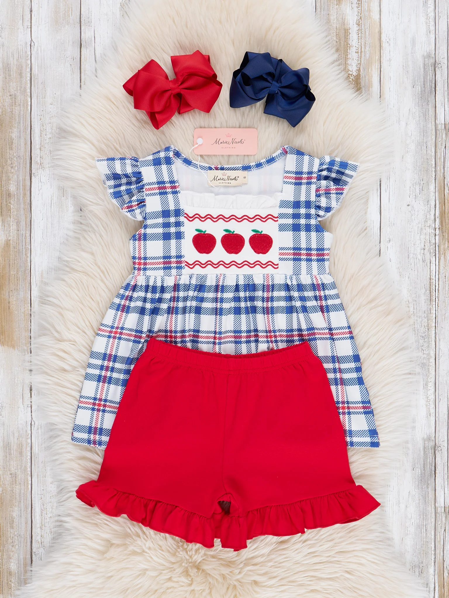 Embroidered Apples School Plaid Ruffle Outfit - Image 2