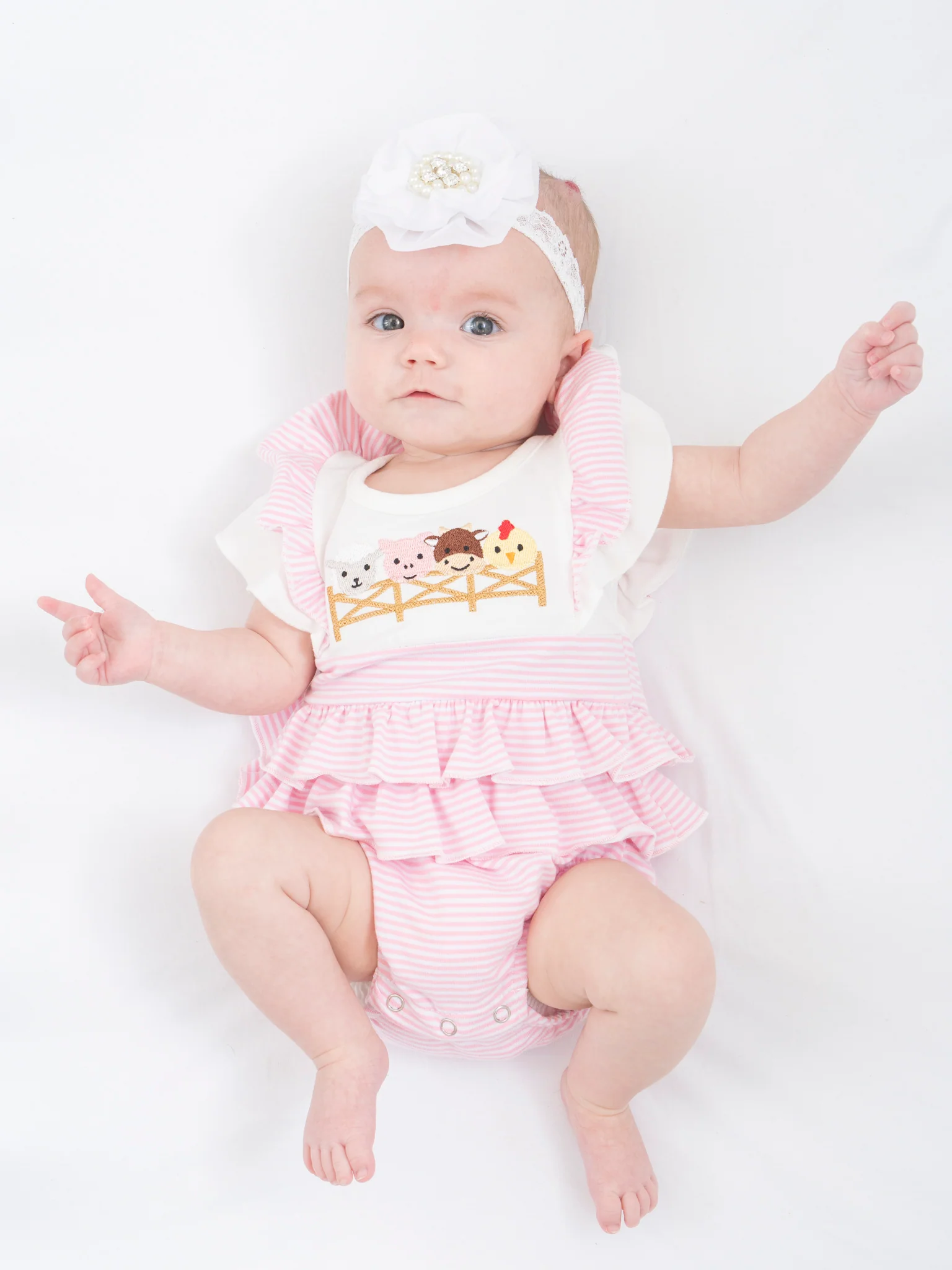 Embroidered Baby Farm Friends Ruffle Bubble Romper