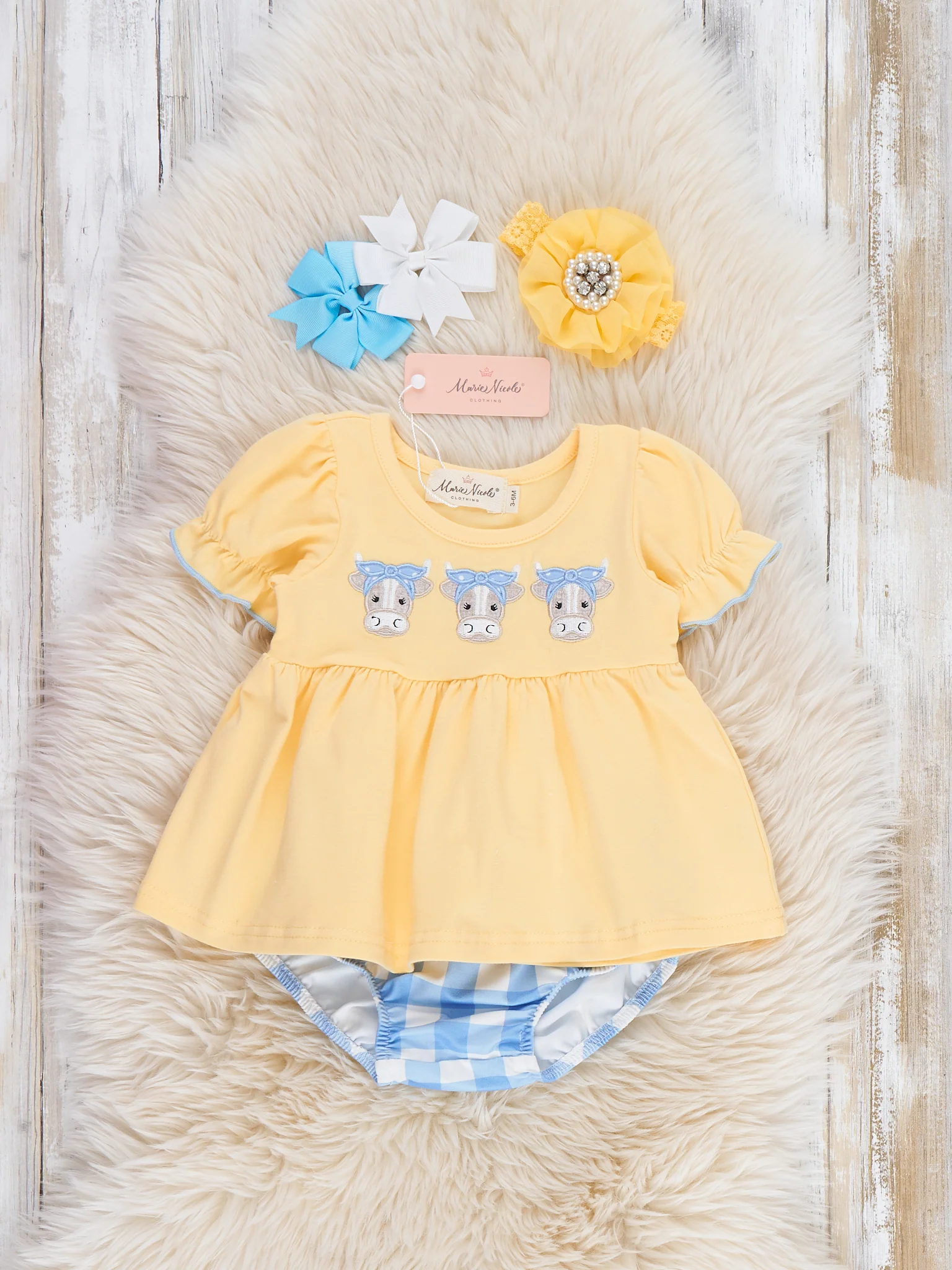 Embroidered Cows Gingham Bloomers Outfit