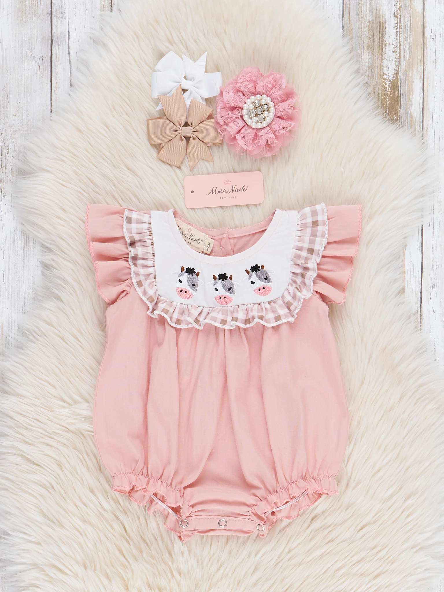 Embroidered Cows Ruffle Bib Bubble Romper