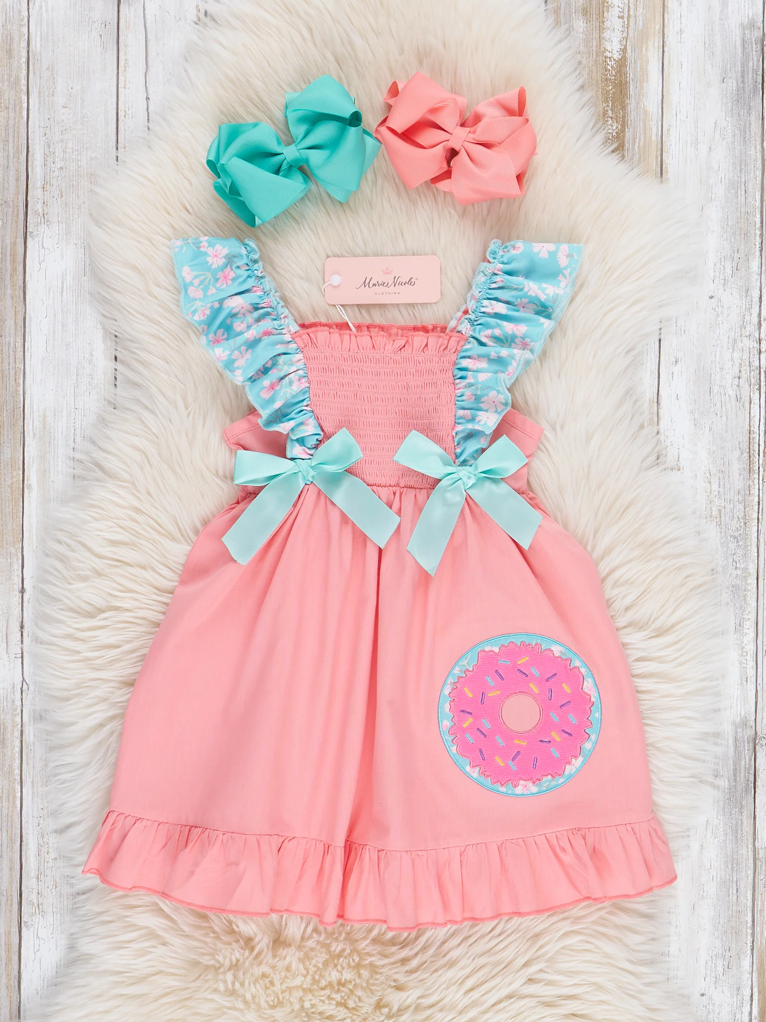 Embroidered Donut Smocked Ruffle Dress