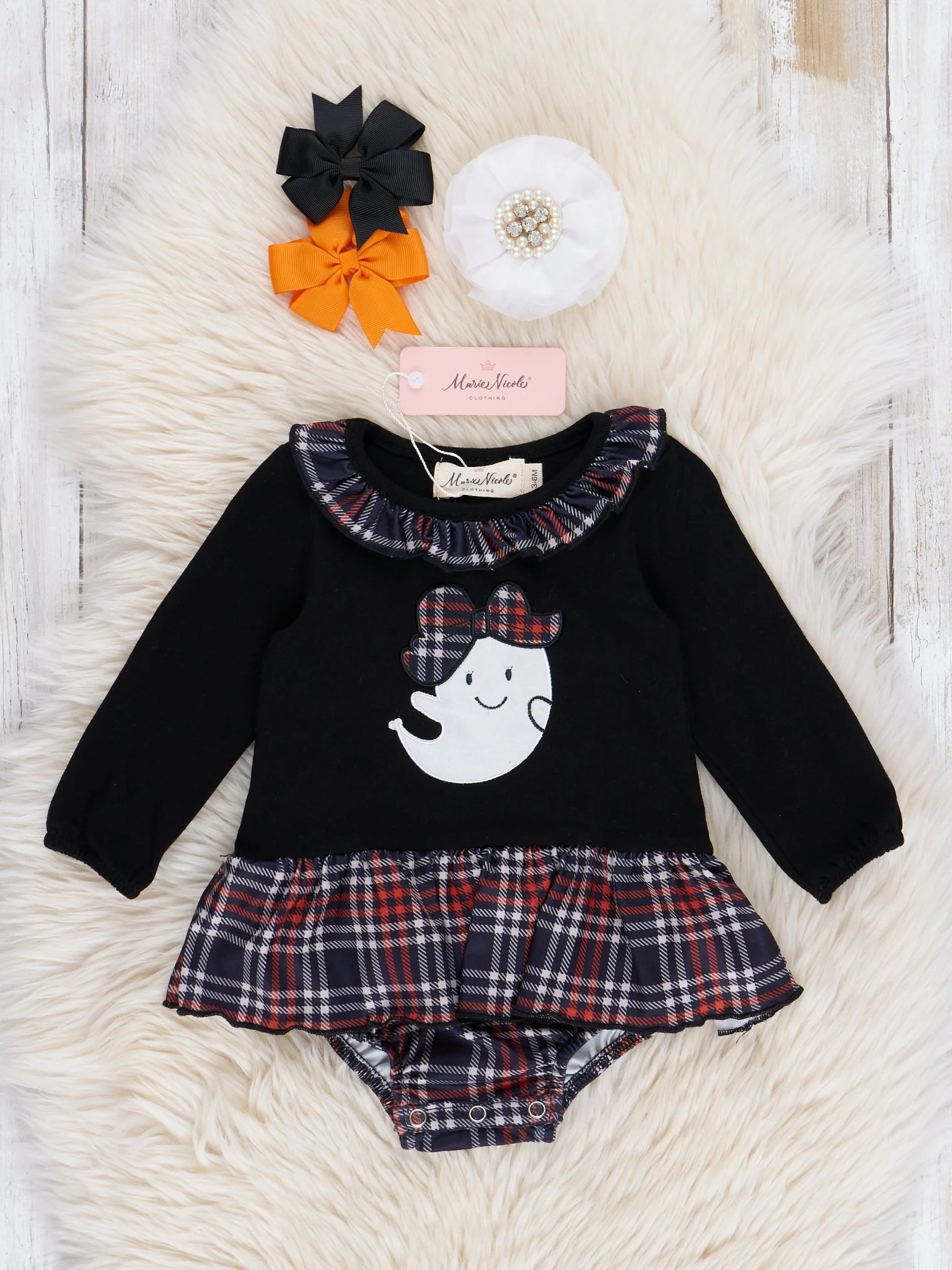 Embroidered Halloween Plaid Ruffle Bubble Romper - Image 2