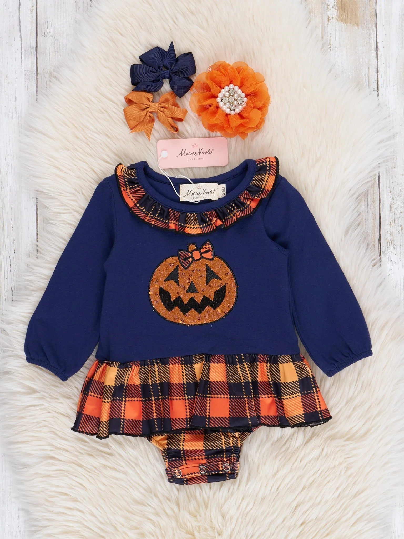 Embroidered Halloween Plaid Ruffle Bubble Romper - Image 3