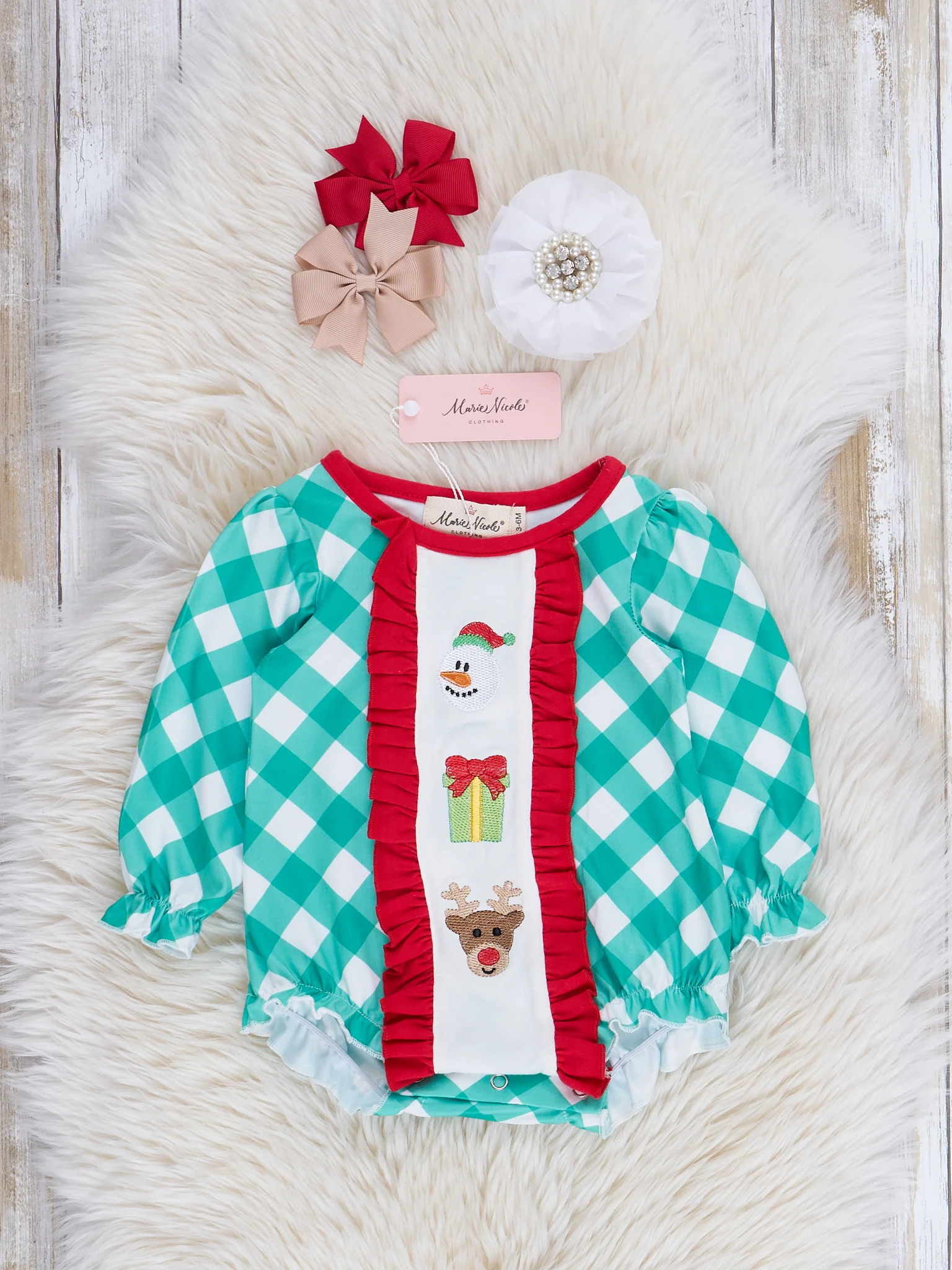 Embroidered Holiday Gingham Ruffle Bubble Romper