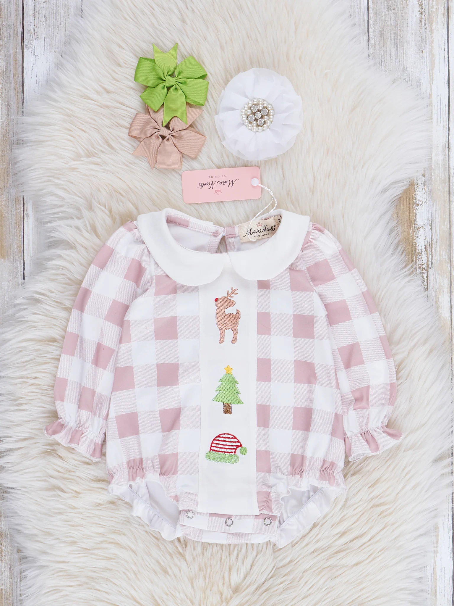 Embroidered Holiday Gingham Ruffle Bubble Romper - Image 2