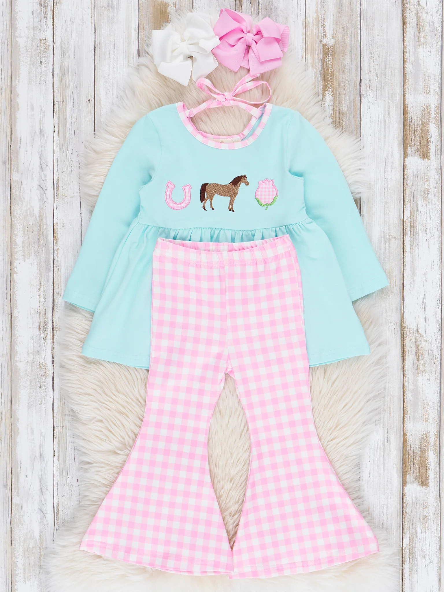 Embroidered Horsing Around Gingham Flare Outfit - Image 2
