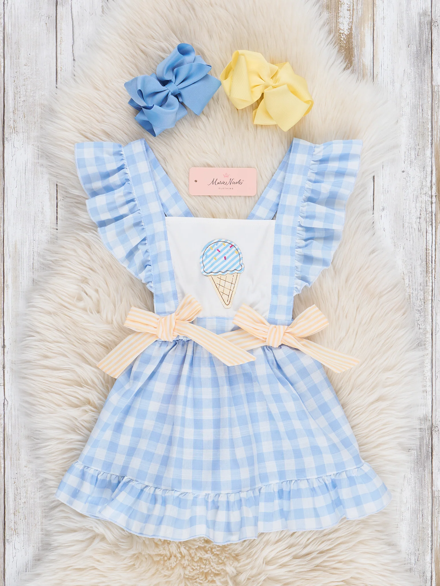 Embroidered Ice Cream Gingham Ruffle Dress