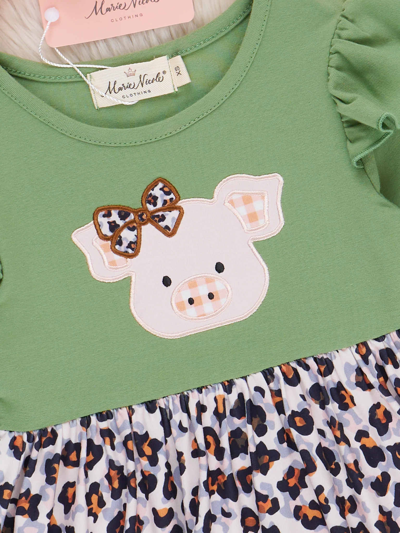 Embroidered Leopard Bow Piggy Ruffle Dress - Image 3