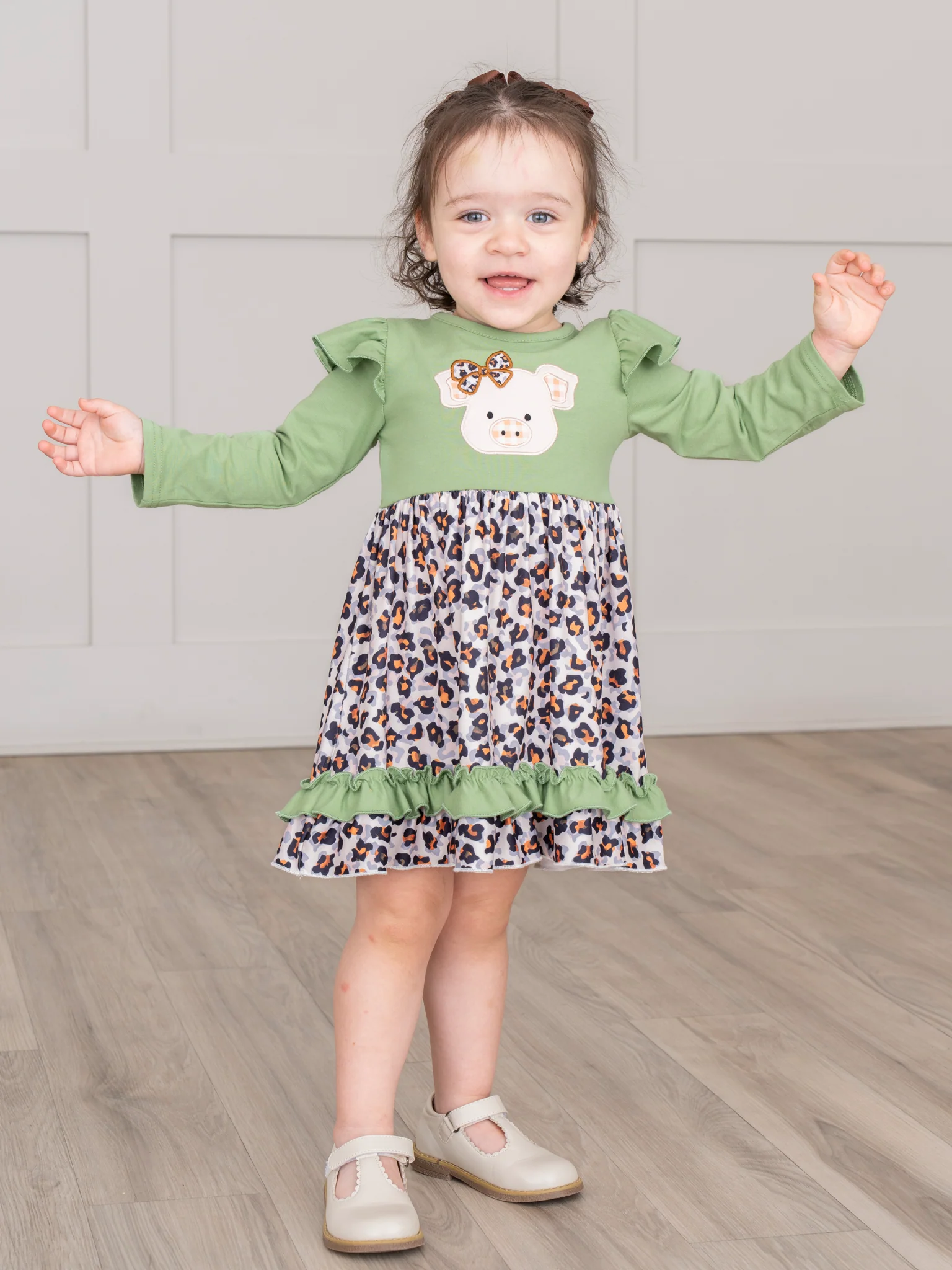 Embroidered Leopard Bow Piggy Ruffle Dress - Image 4