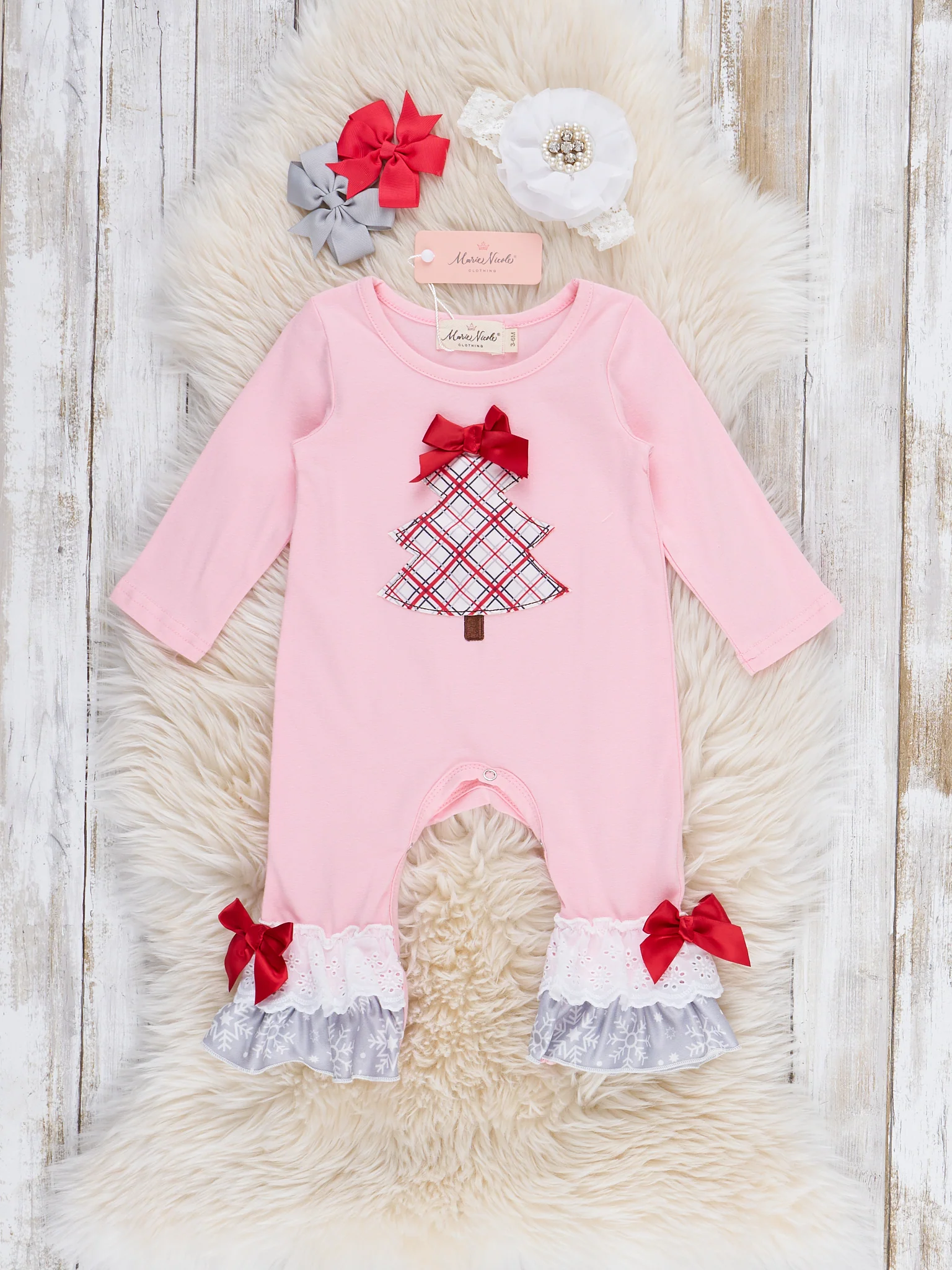 Embroidered Plaid Christmas Tree Lace Trim Romper