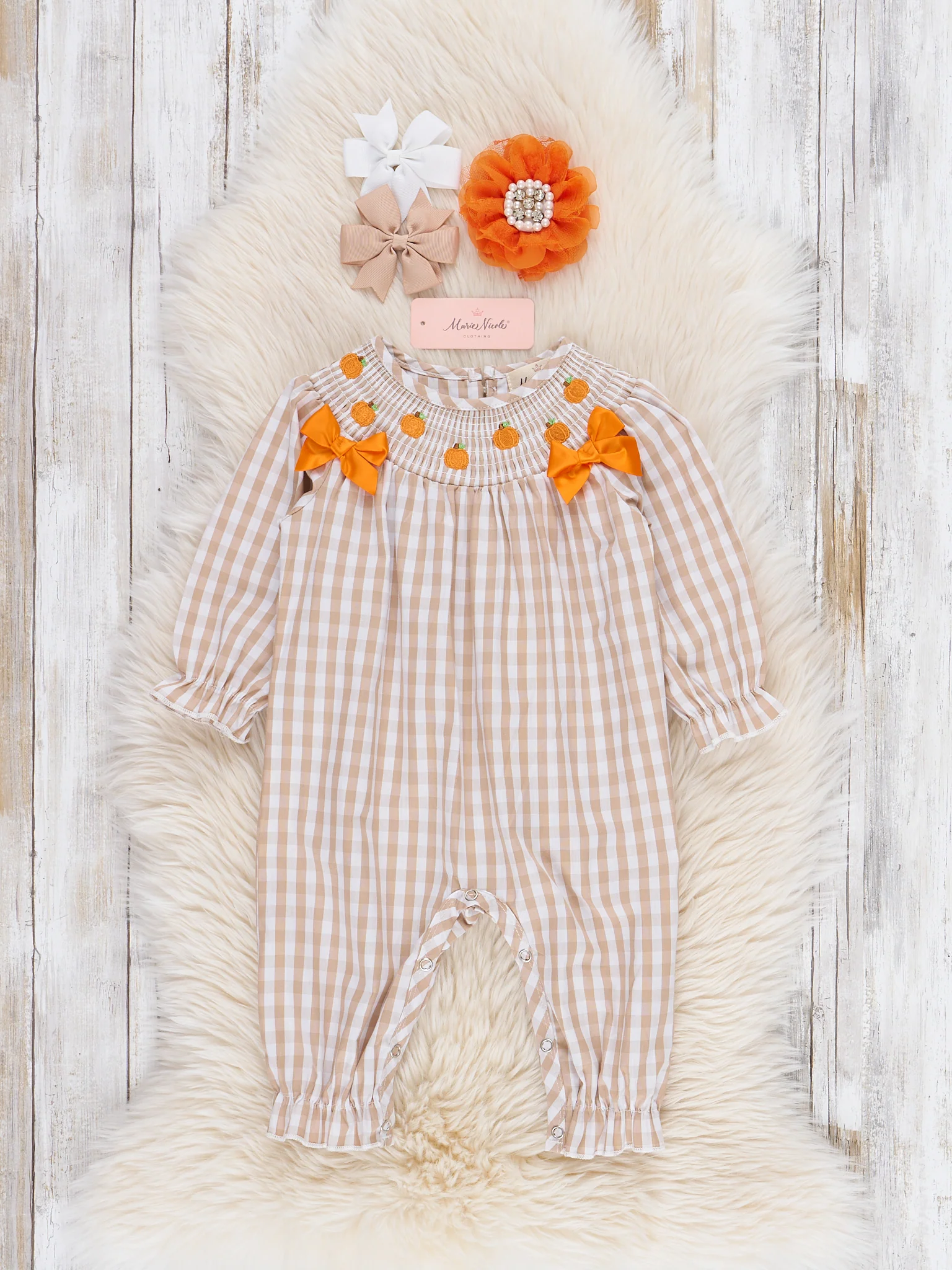 Embroidered Pumpkin Patch Gingham Smocked Romper