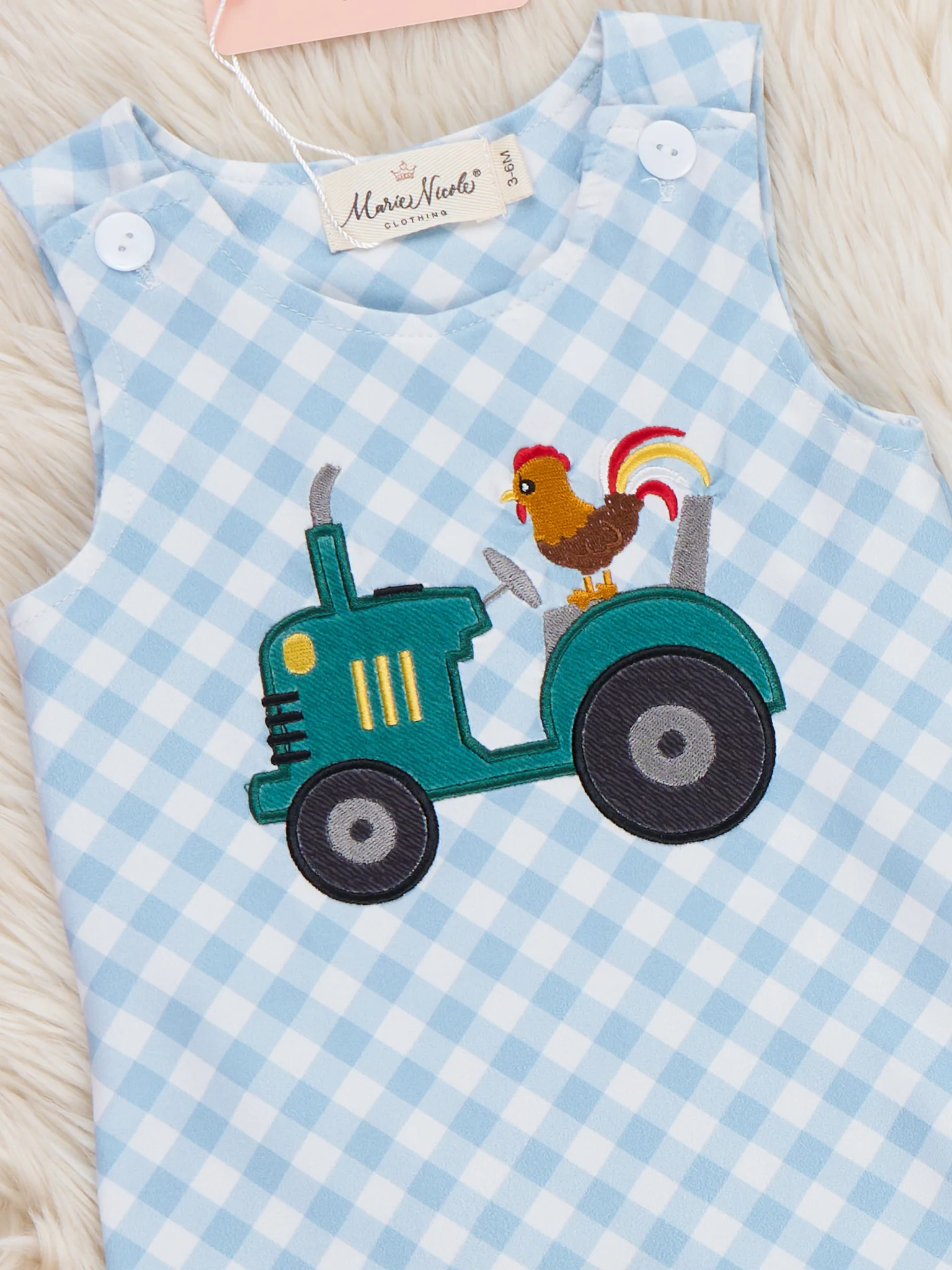 Embroidered Rooster Tractor Gingham Johnny - Image 2