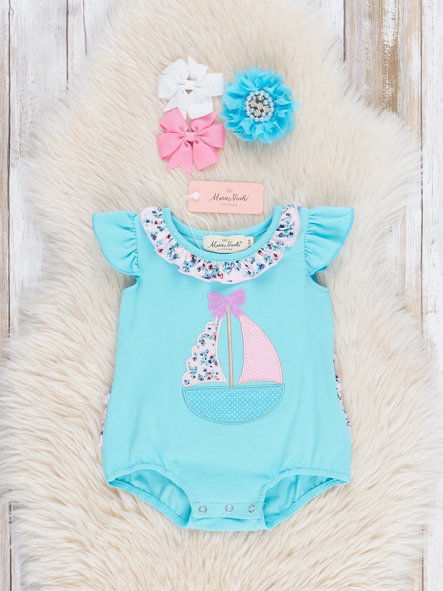 Embroidered Sail Boats Floral Ruffle Bubble Romper