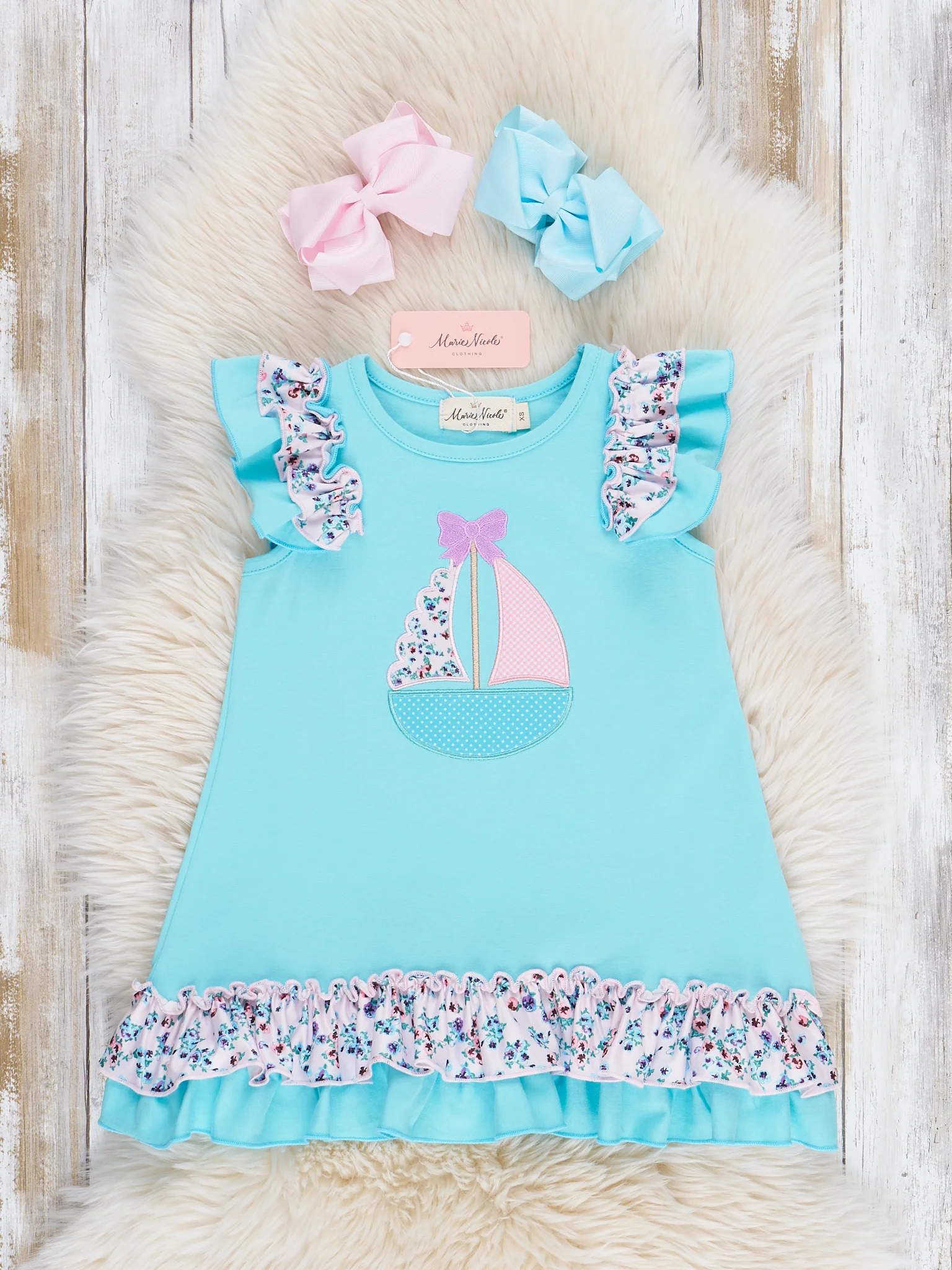 Embroidered Sail Boats Floral Ruffle Dress