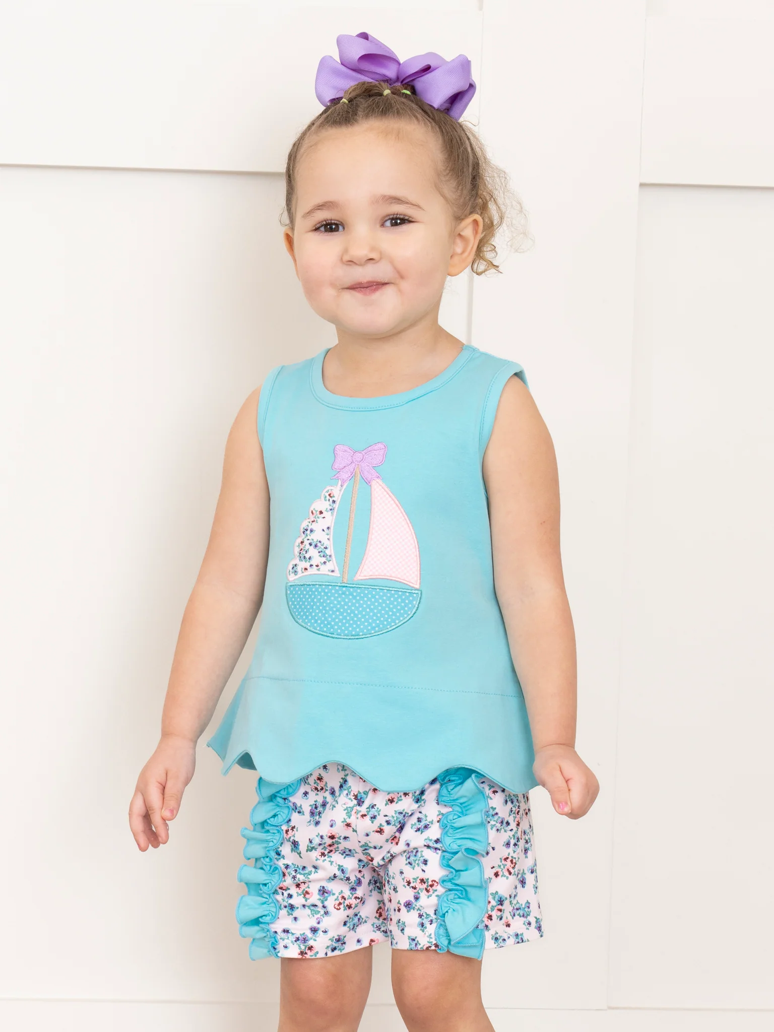 Embroidered Sail Boats Floral Ruffle Outfit