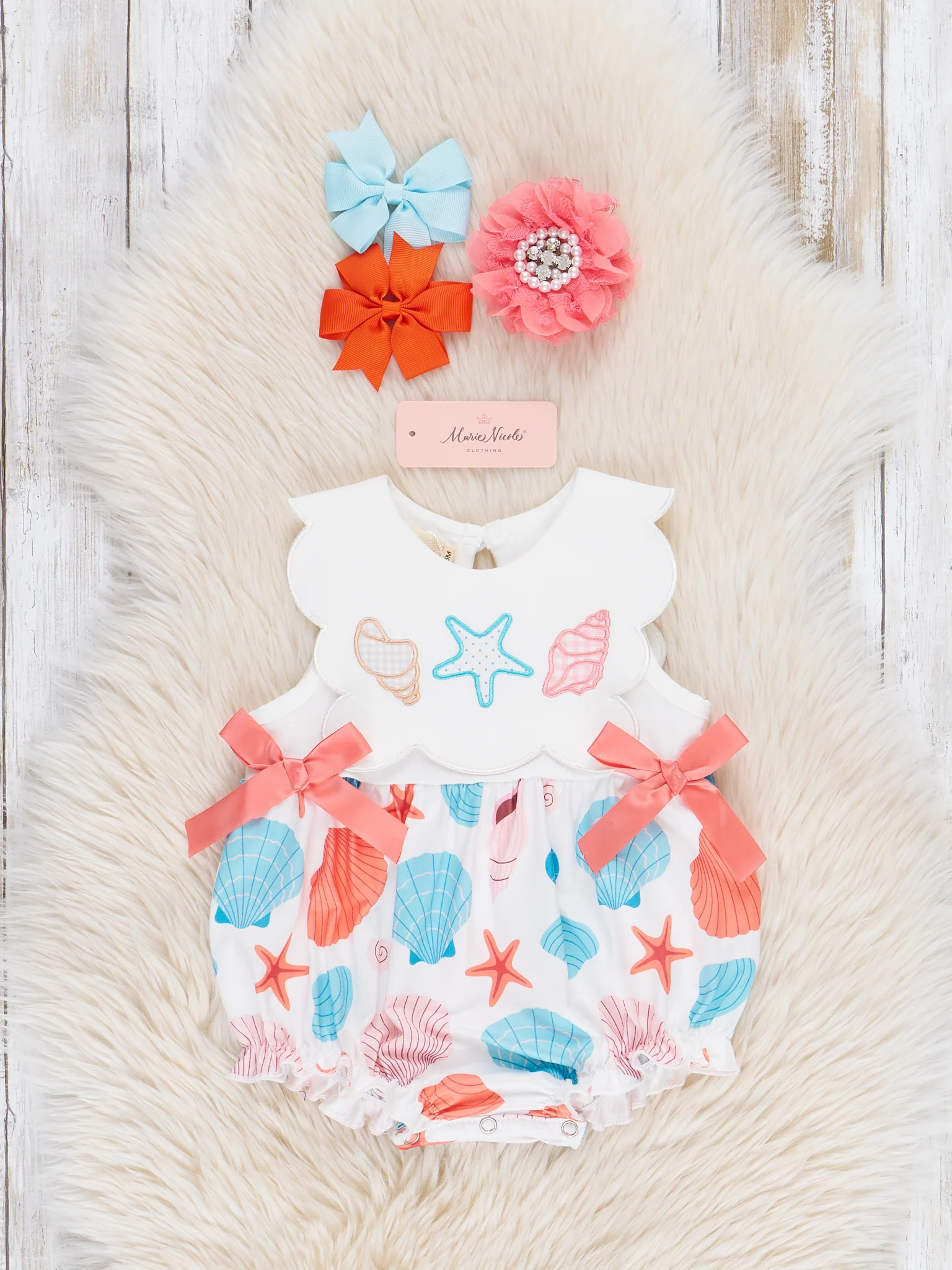 Embroidered Seashells Ruffle Bubble Romper