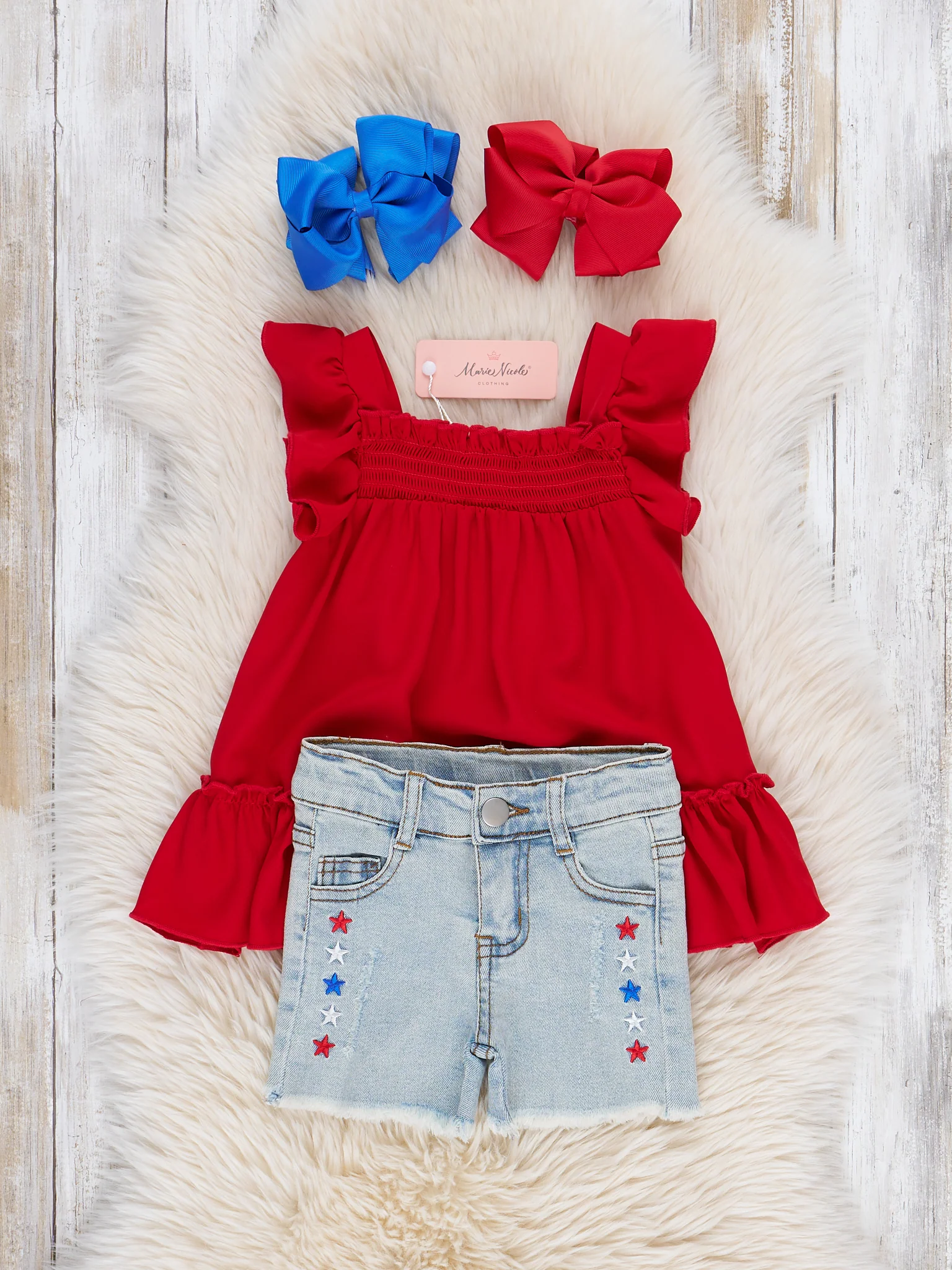 Embroidered Stars Ruffle Denim Shorts Outfit - Image 3